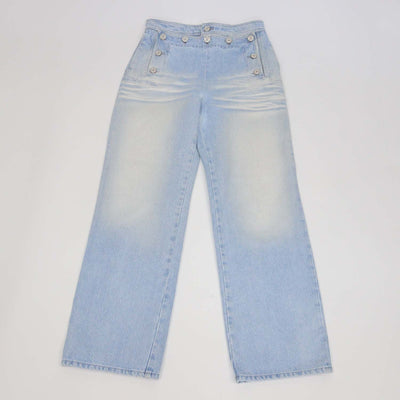 Chanel Light Blue Washed Denim Coco Beach Sailor Front Straight Leg Pants