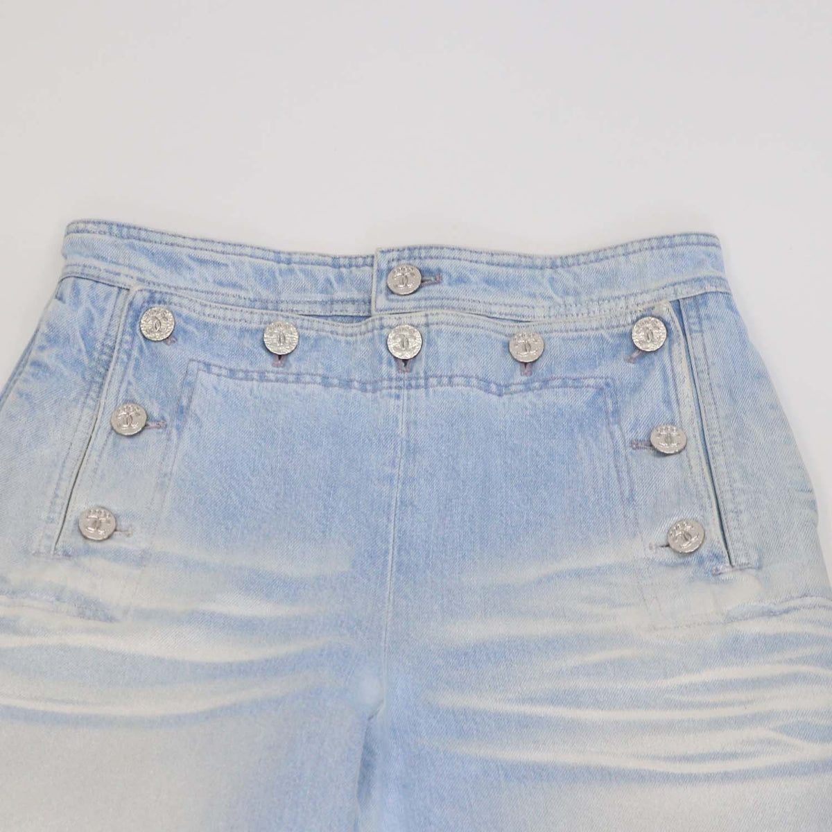 Chanel Light Blue Washed Denim Coco Beach Sailor Front Straight Leg Pants