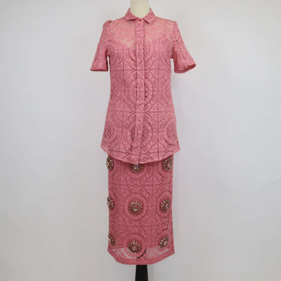 Burberry Pink Cotton Lace Shirt & Midi Skirt with Crystal Embellished Set