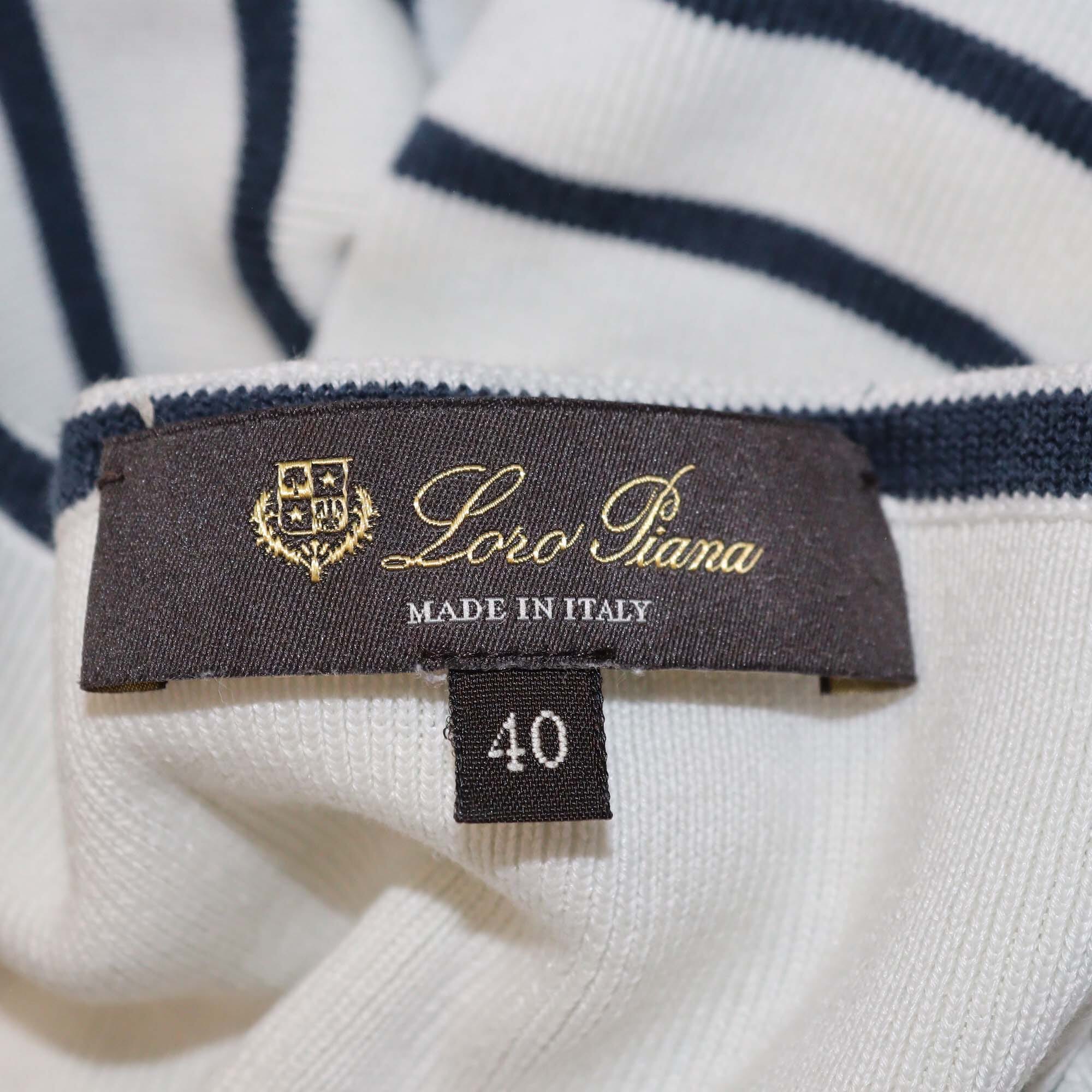 Loro Piana White/Blue Cotton Stripe Knitted Long Sleeve Sweater Womens Loro Piana 