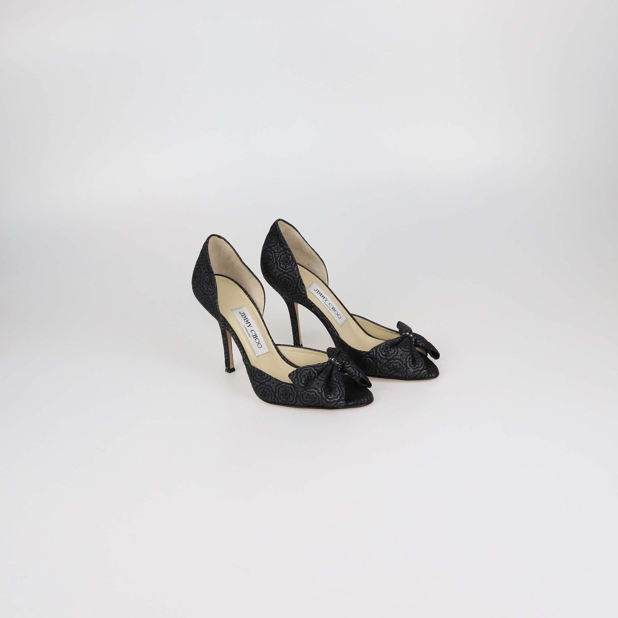 Jimmy Choo Black Brocade Fabric Bow Sandals