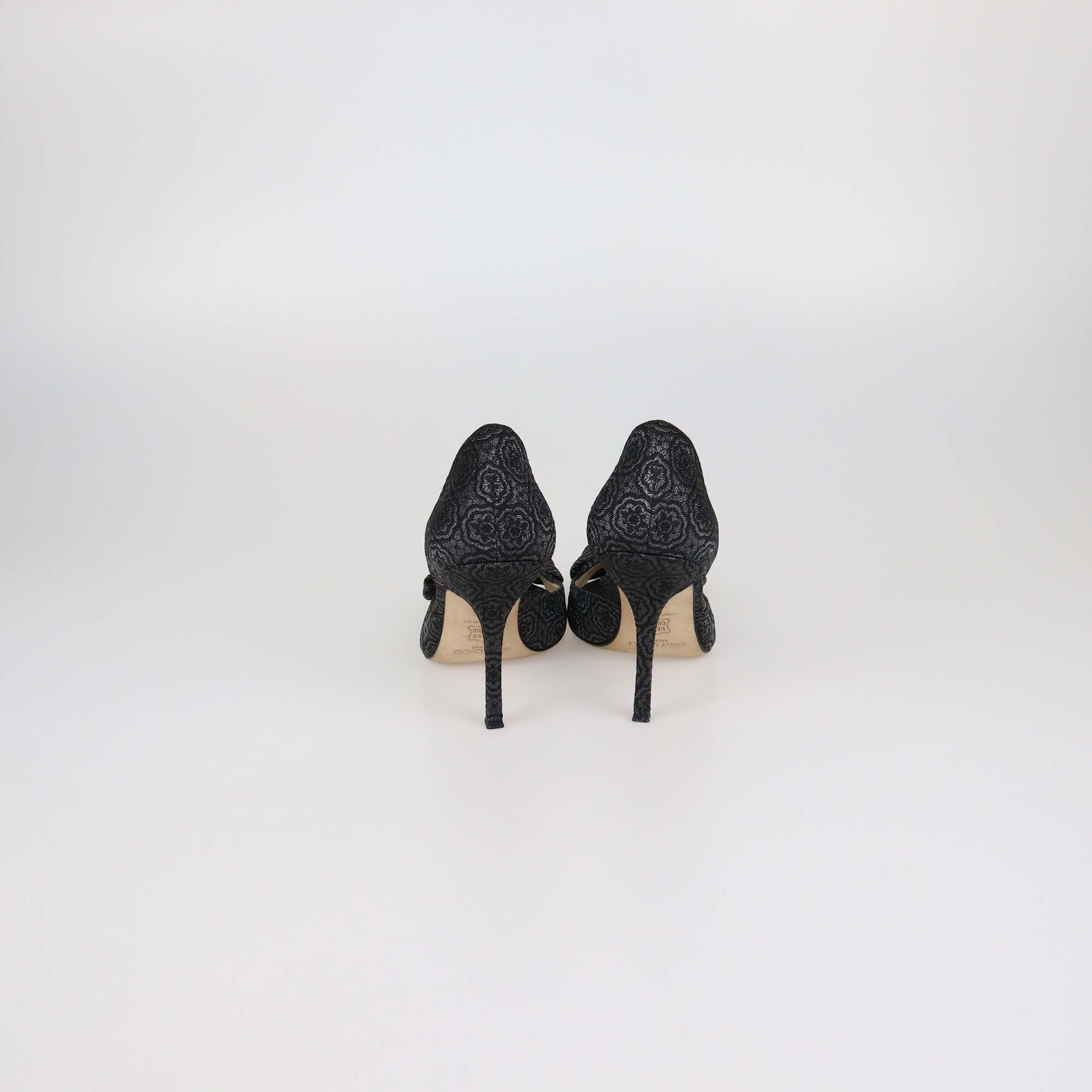 Jimmy Choo Black Brocade Fabric Bow Sandals
