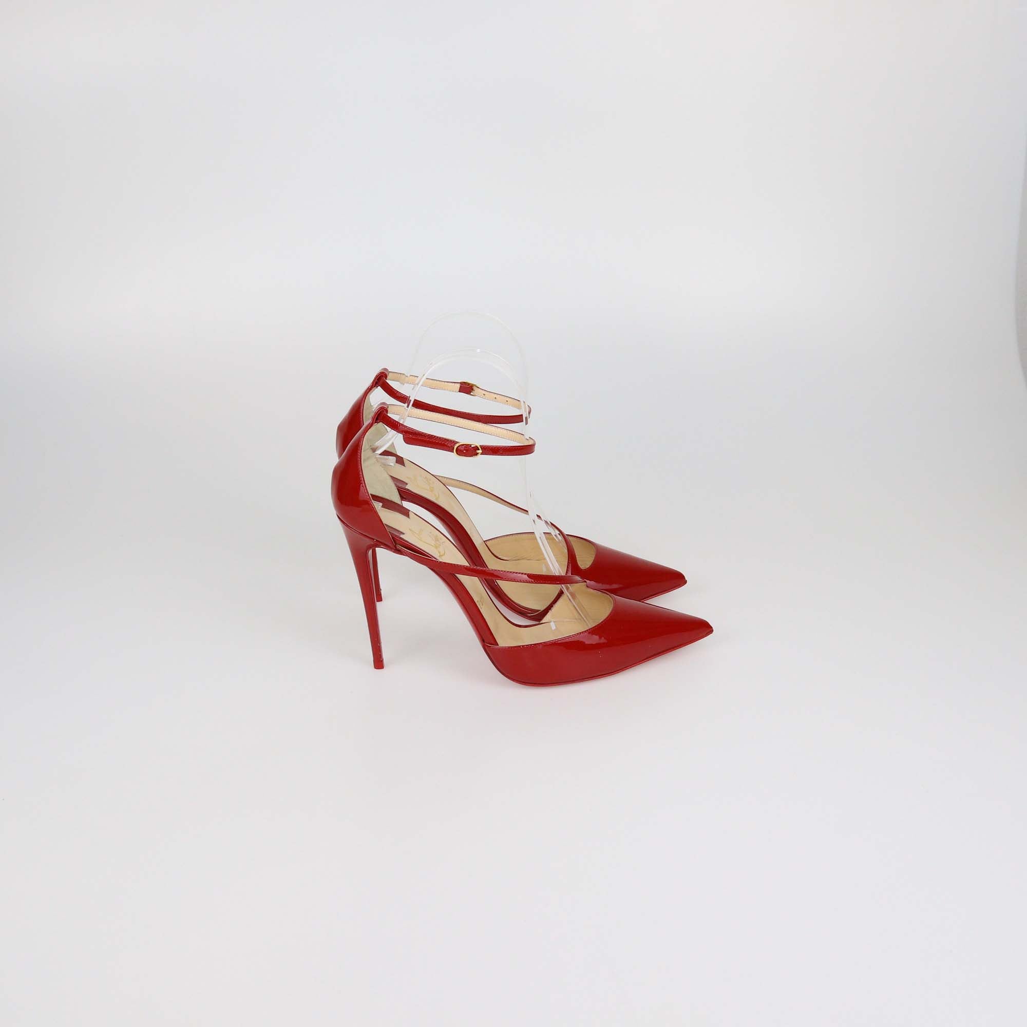 Christian Louboutin Red Patent Leather Fliketta Ankle Strap Pointed Toe Pumps