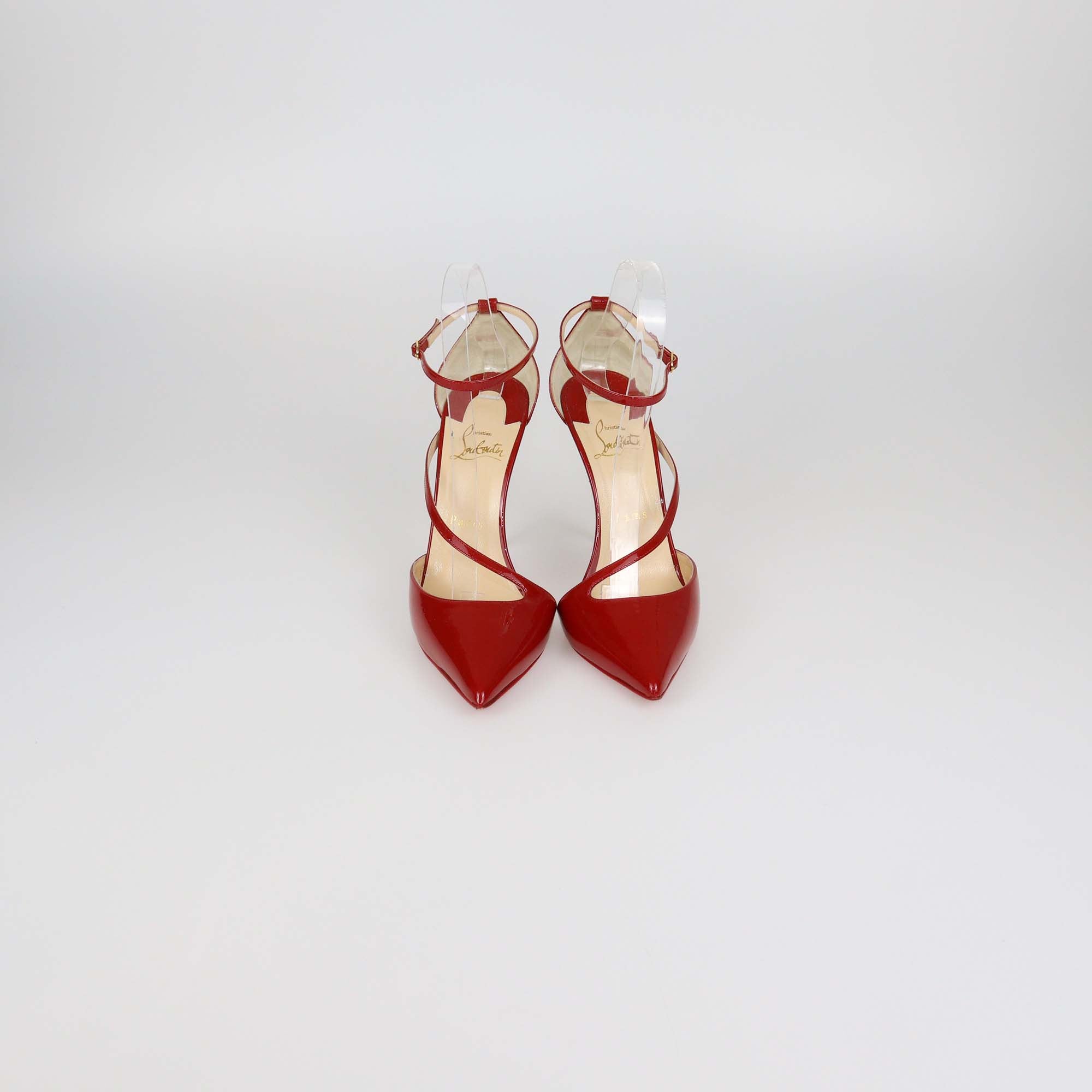 Christian Louboutin Red Patent Leather Fliketta Ankle Strap Pointed Toe Pumps