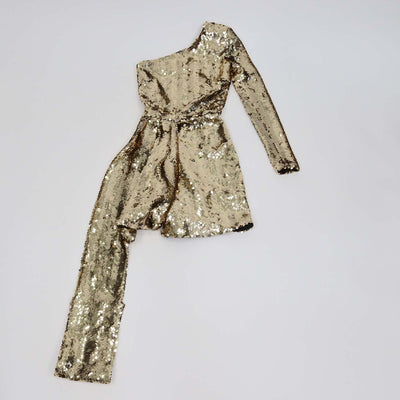 Nadine Merabi Gold Sequins Symmetric Draped One Shoulder Mini Dress