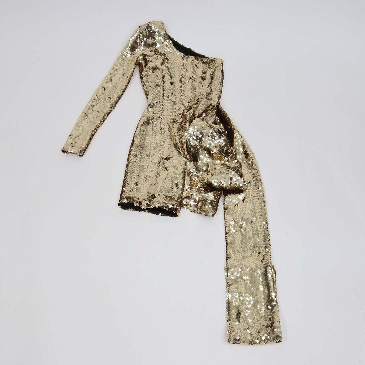 Nadine Merabi Gold Sequins Symmetric Draped One Shoulder Mini Dress