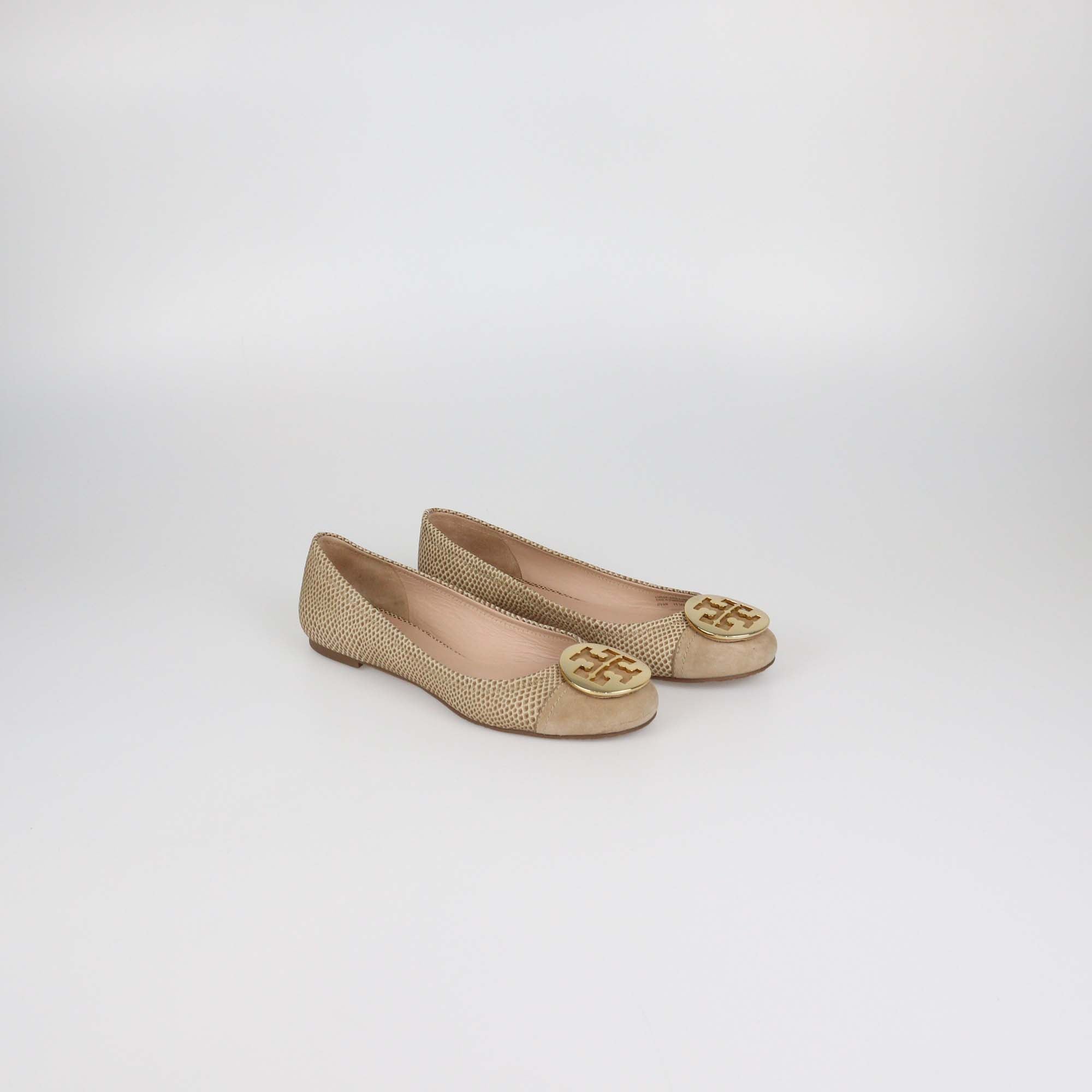 Tory Burch Clay Beige Karung Print Leather Serena 2 Ballet Flats