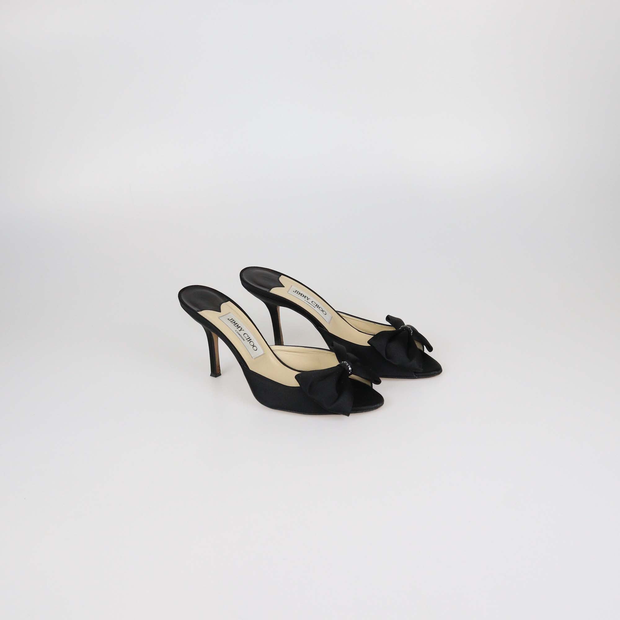 Jimmy Choo Black Satin Bow Slide Sandals