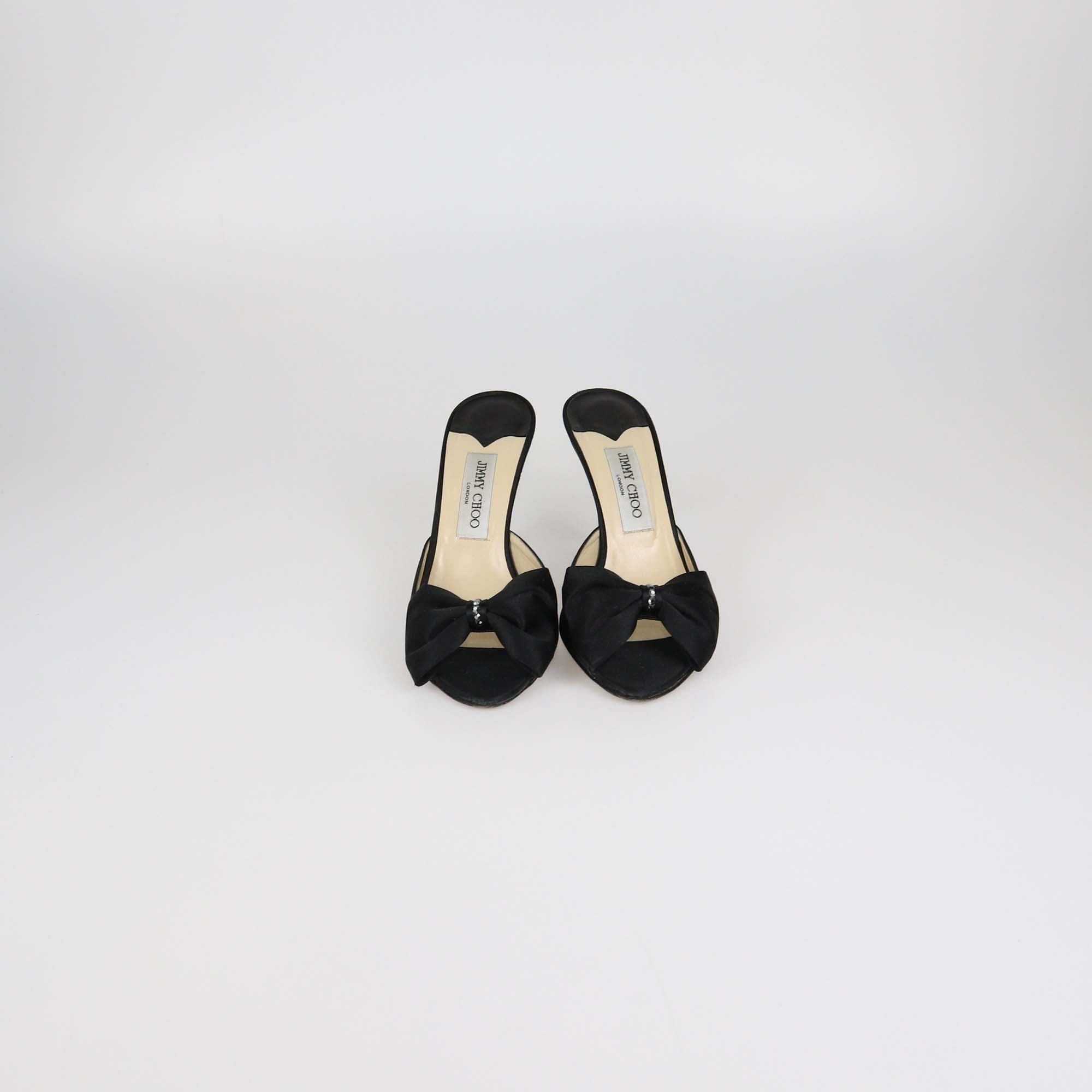 Jimmy Choo Black Satin Bow Slide Sandals