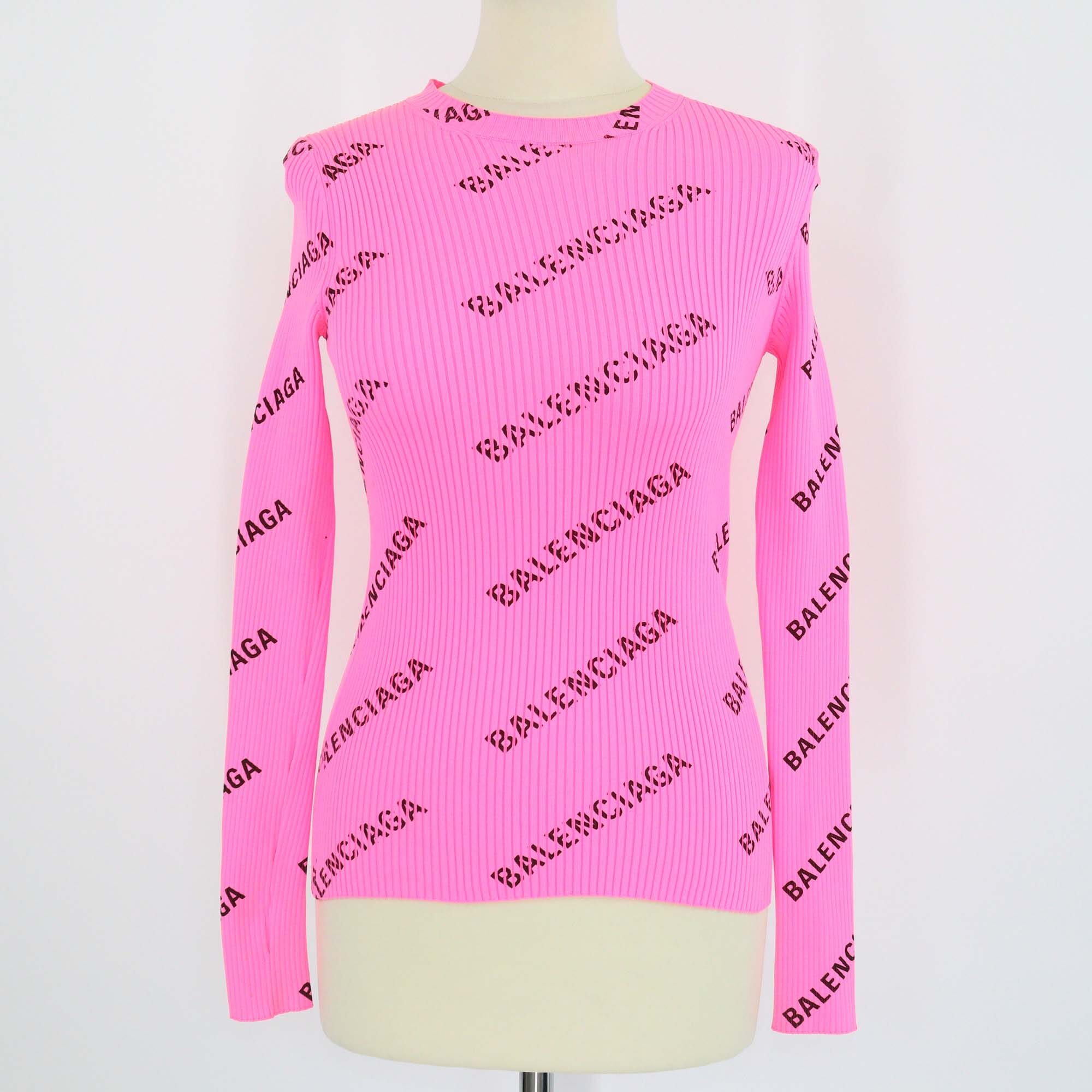 Balenciaga Neon Pink All Over Logo Polyamide Crewneck Sweater Womens Balenciaga 