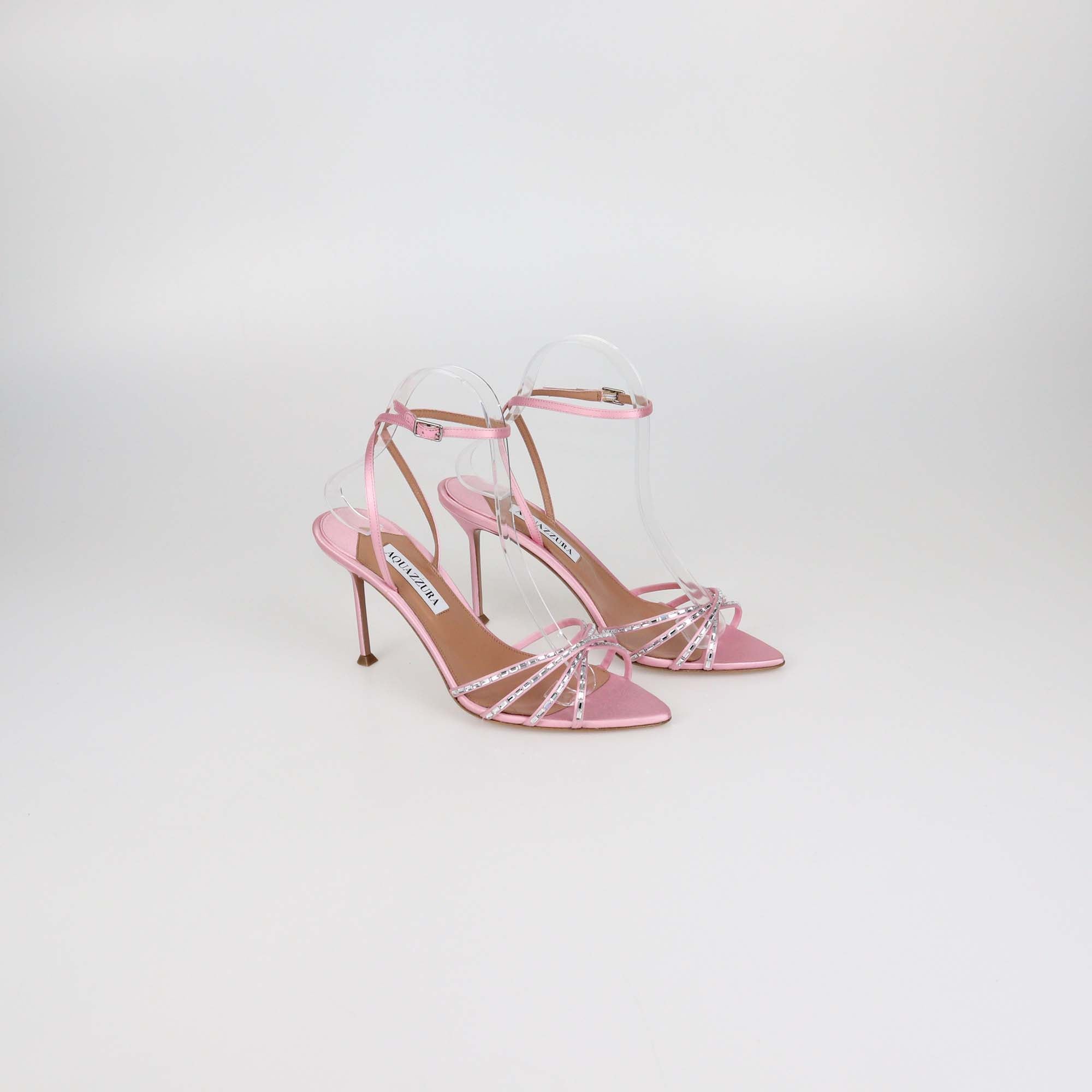 Aquazzura Pink Satin Crystal Embellished Tell Me Ankle Strap Sandals
