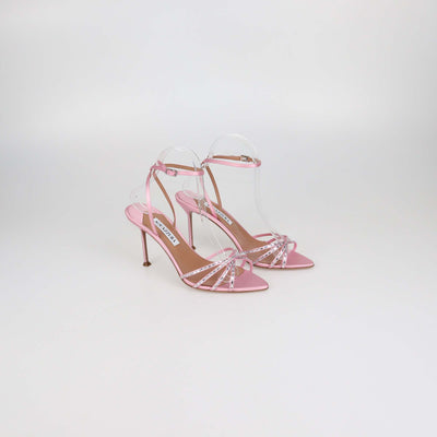 Aquazzura Pink Satin Crystal Embellished Tell Me Ankle Strap Sandals