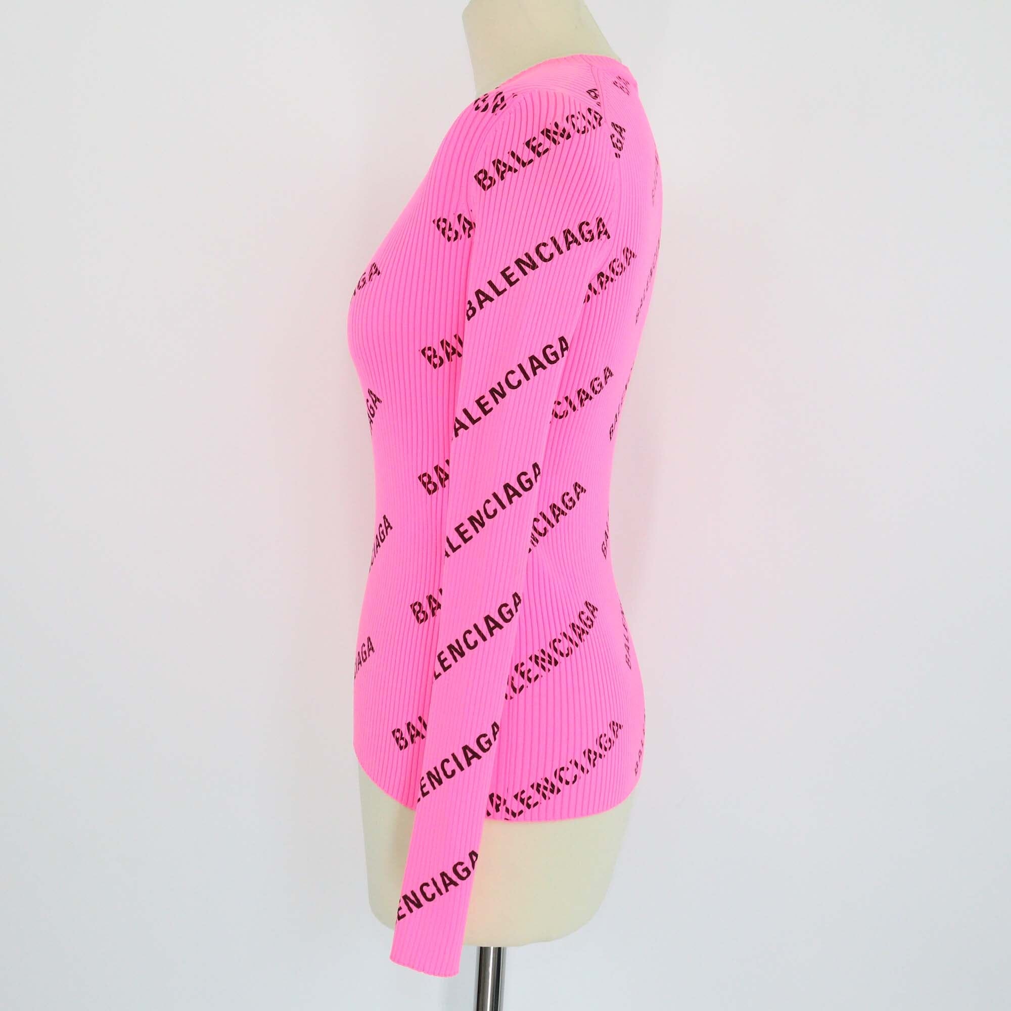 Balenciaga Neon Pink All Over Logo Polyamide Crewneck Sweater Womens Balenciaga 