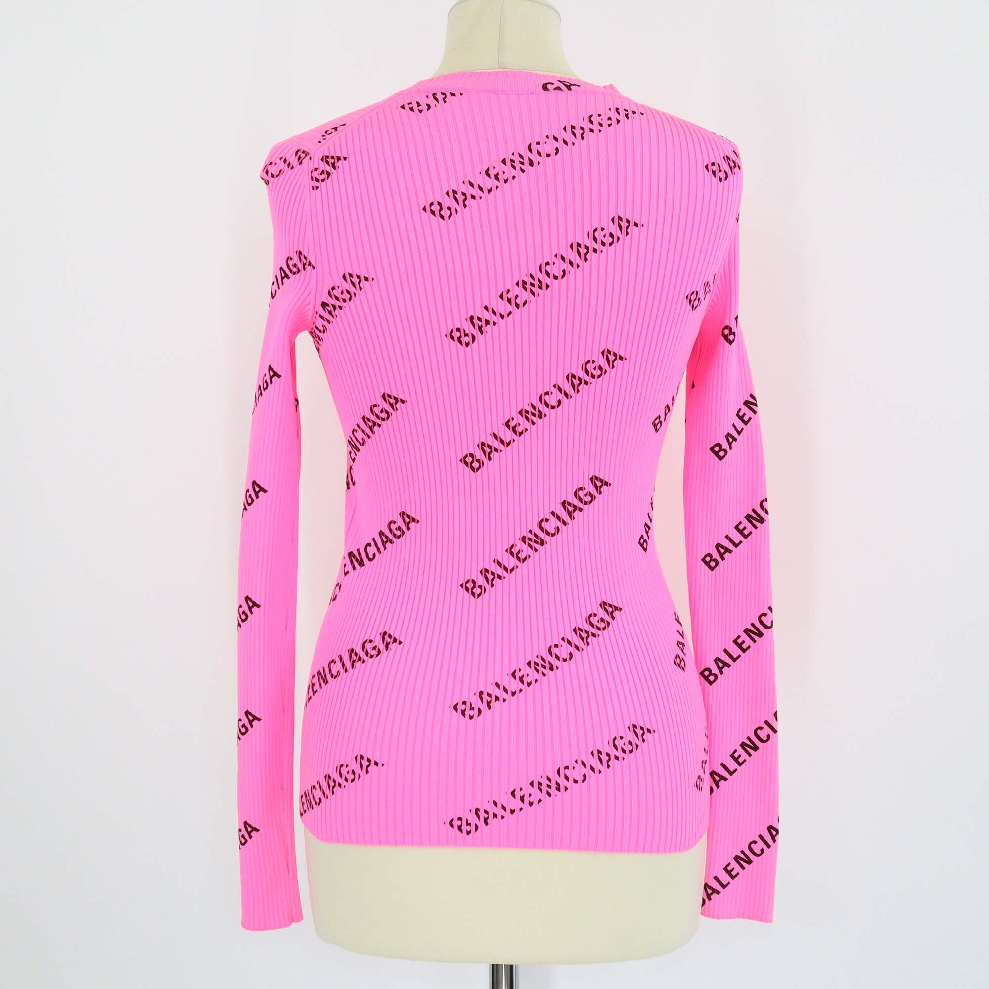 Balenciaga Neon Pink All Over Logo Polyamide Crewneck Sweater Womens Balenciaga 