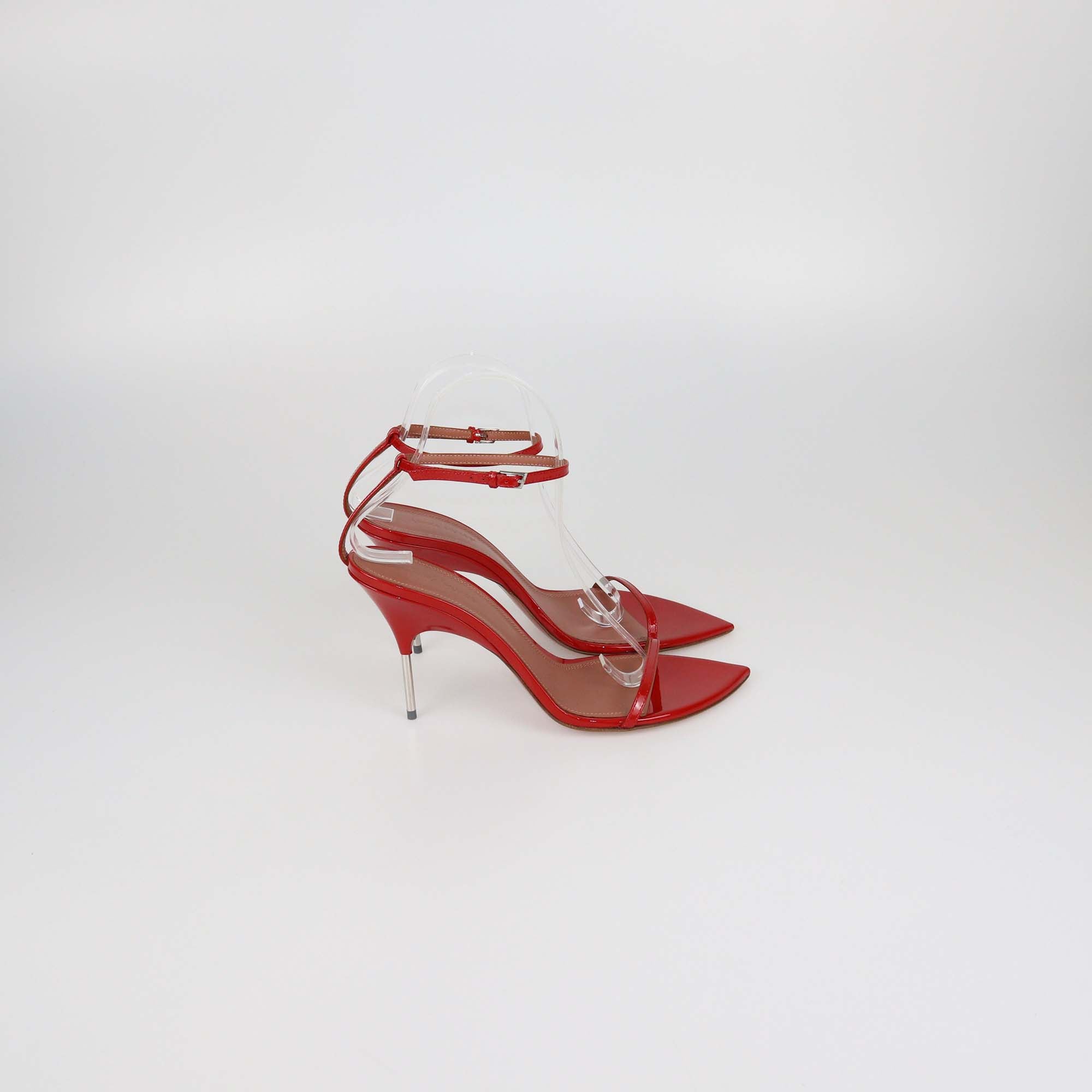 Amina Muaddi Red Patent Leather Bruna Ankle Strap Sandals