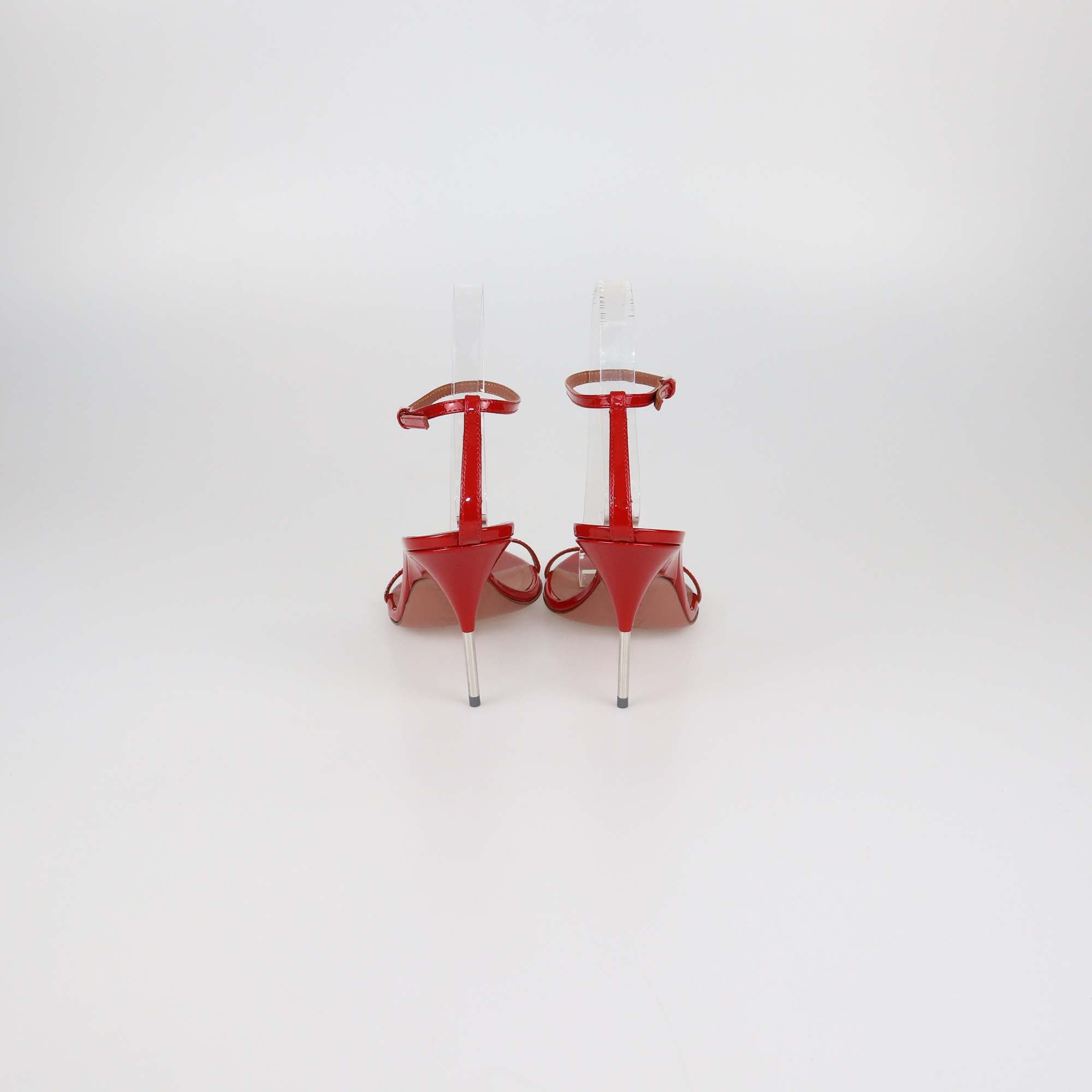 Amina Muaddi Red Patent Leather Bruna Ankle Strap Sandals