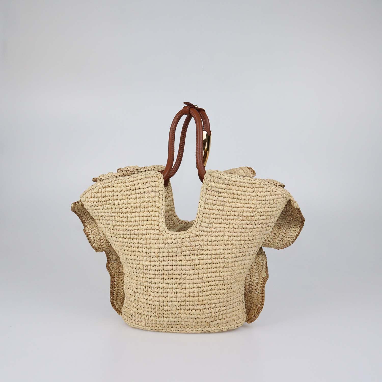 Zimmermann Natural Raffia Small Goldentime Ruffle Tote