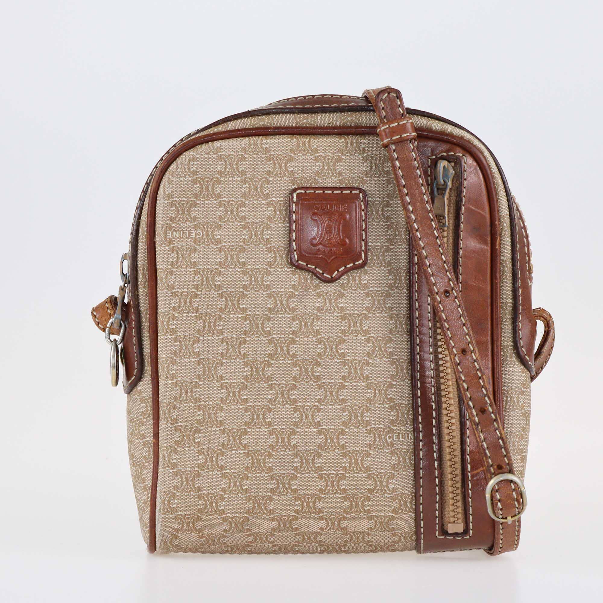 Celine Brown/Beige Macadam Coated Canvas Crossbody Bag Bags Celine 