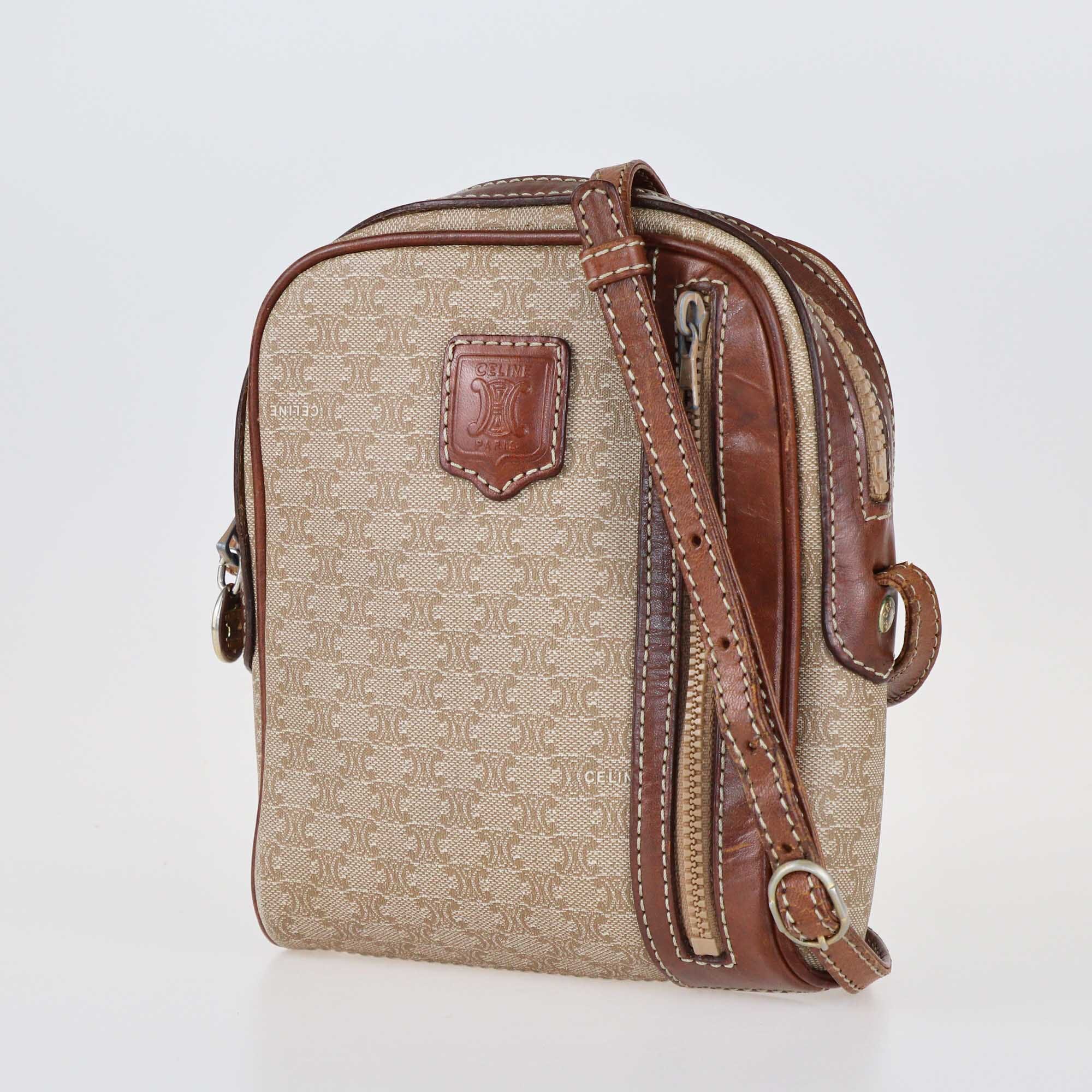 Celine Brown/Beige Macadam Coated Canvas Crossbody Bag Bags Celine 