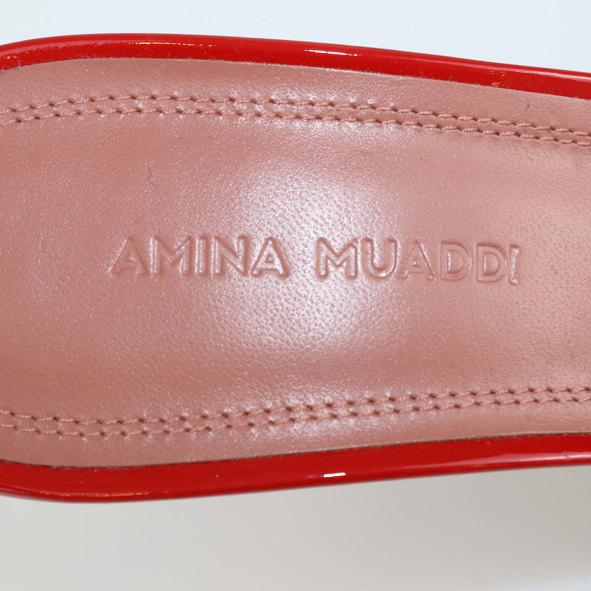 Amina Muaddi Red Patent Leather Bruna Ankle Strap Sandals