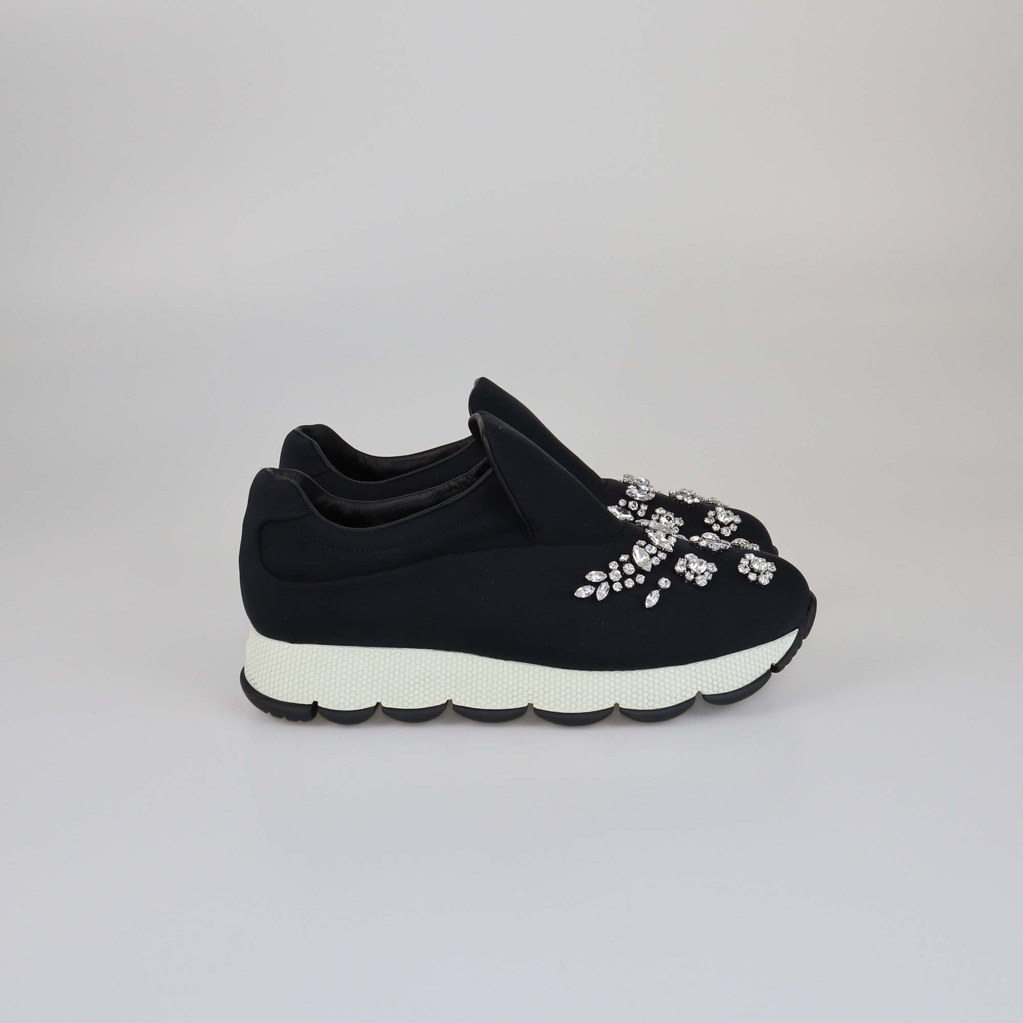 Prada Navy Blue Crystal Embellished Slip On Sneakers Womens Prada 