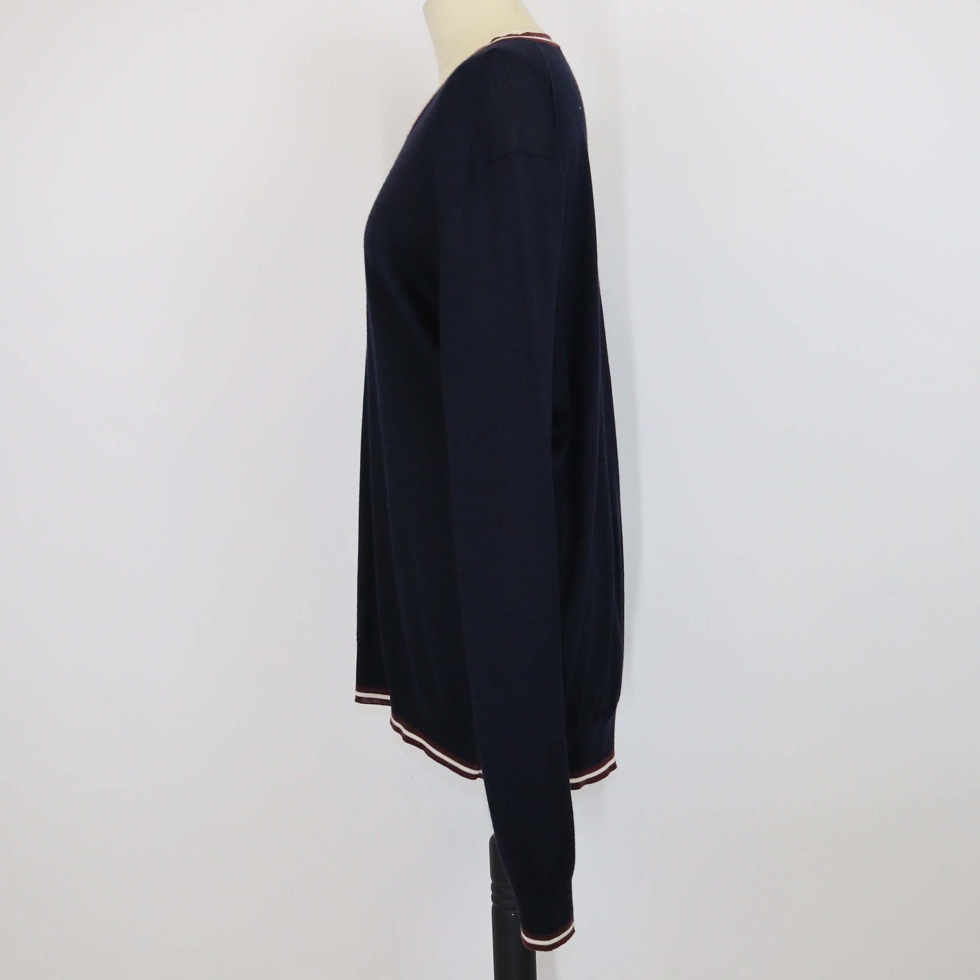 Hermes Navy Blue Cashmere & Silk V Neck Long Sleeve Sweater