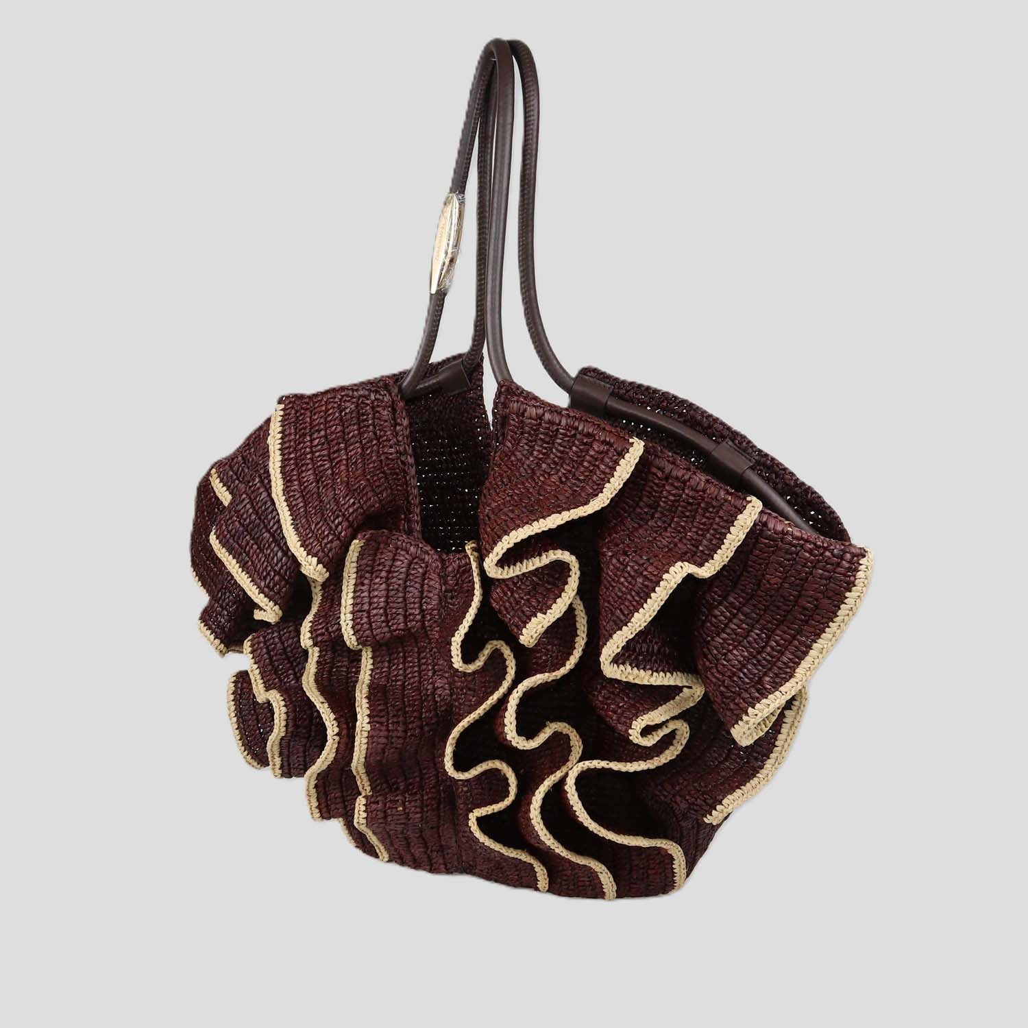 Zimmermann Chocolate Raffia Medium Goldentime Ruffle Tote
