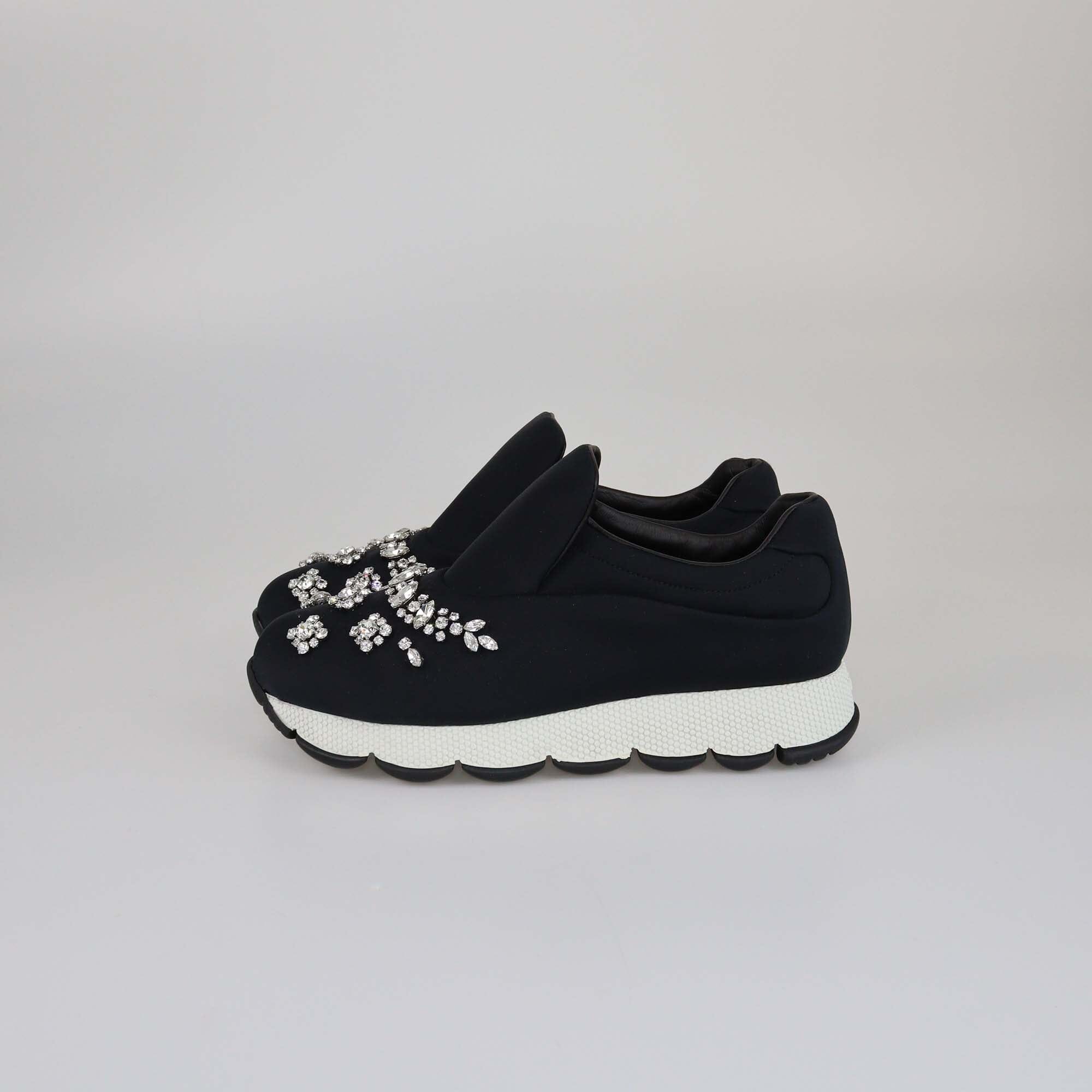 Prada Navy Blue Crystal Embellished Slip On Sneakers Womens Prada 