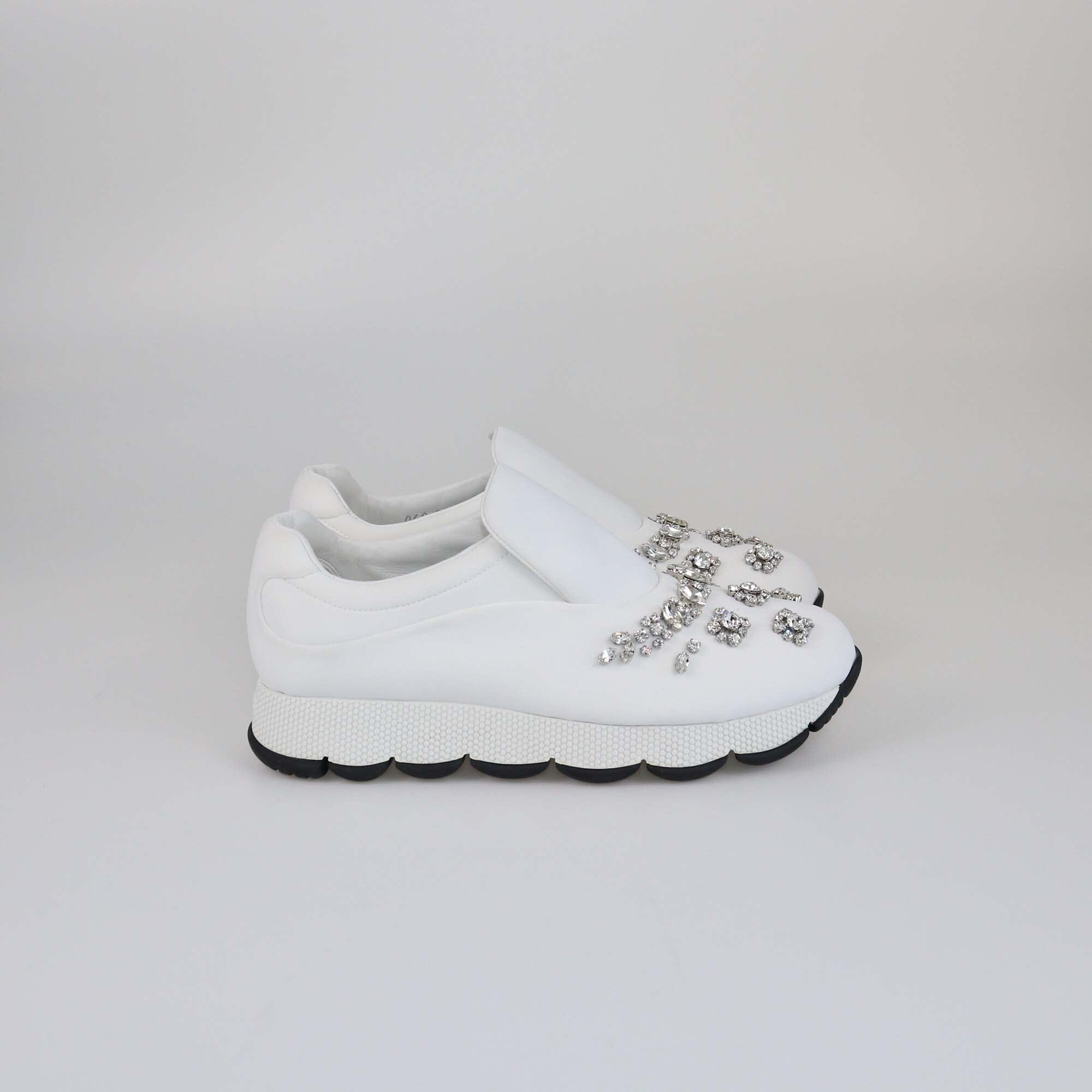 Prada White Crystal Embellished Slip On Sneakers Womens Prada 