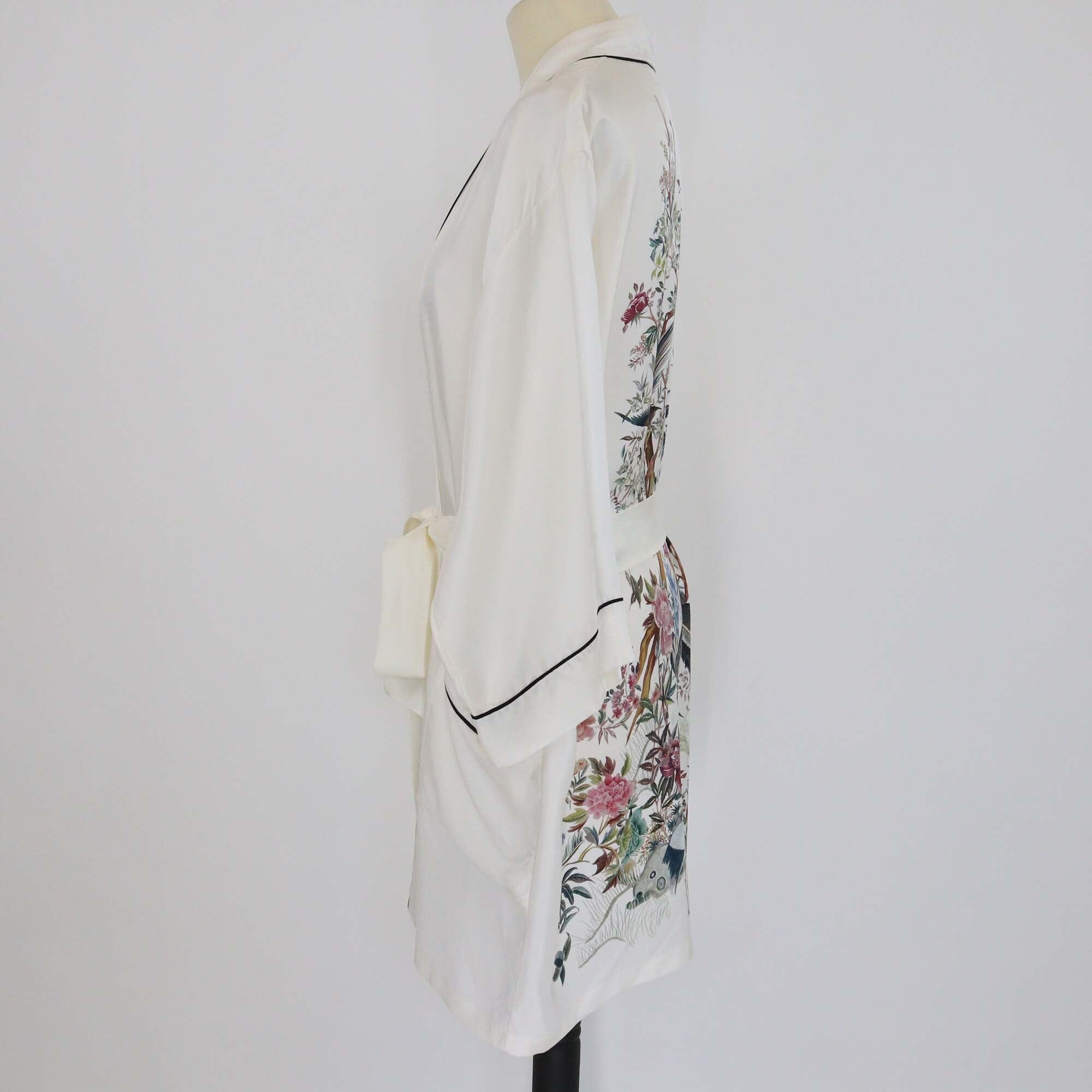 Christian Dior White Silk Floral & Bird Print Belted Robe Womens Christian Dior 