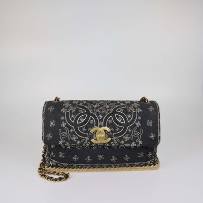 Chanel Black Quilted Fabric Vintage Bandana Flap Bag