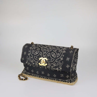 Chanel Black Quilted Fabric Vintage Bandana Flap Bag