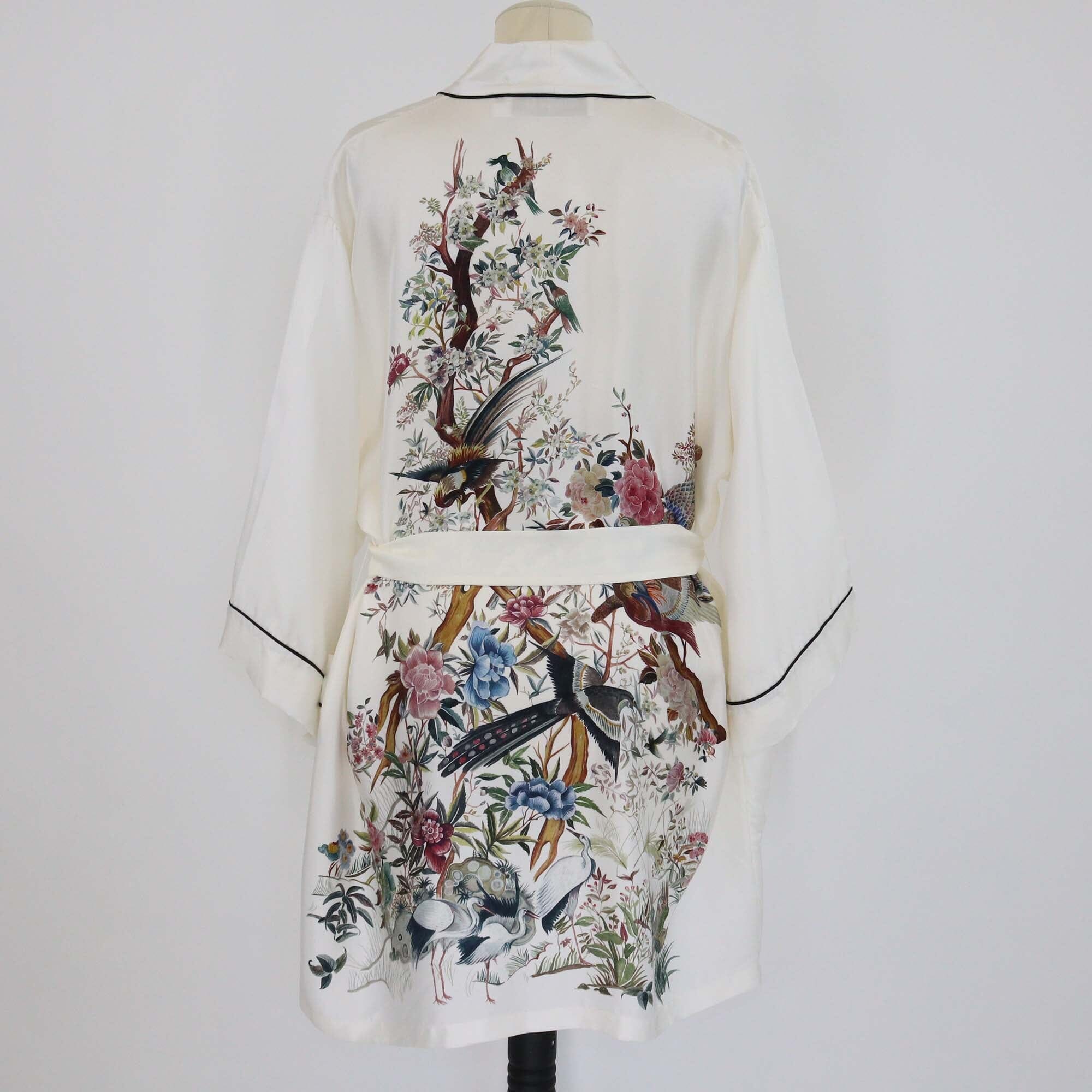 Christian Dior White Silk Floral & Bird Print Belted Robe Womens Christian Dior 