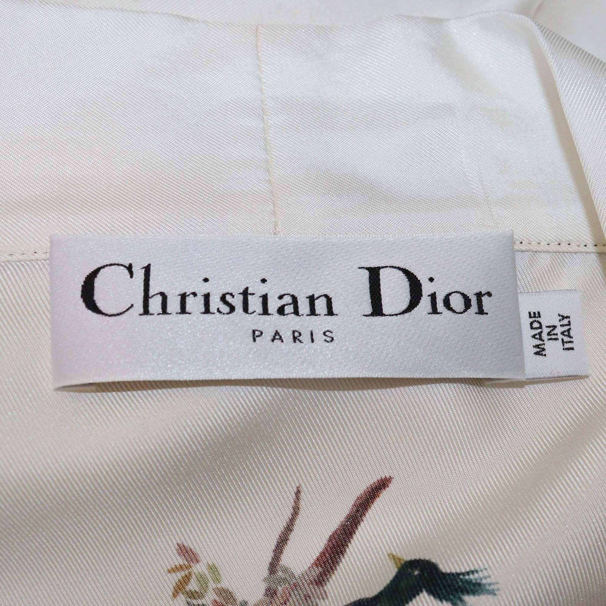 Christian Dior White Silk Floral & Bird Print Belted Robe Womens Christian Dior 
