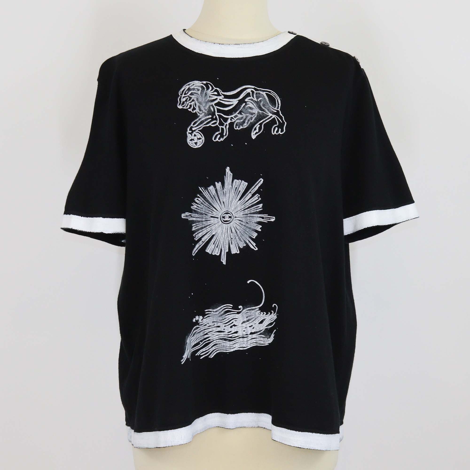 Chanel Black/White Cotton Graphic Print Button Shoulder T Shirt