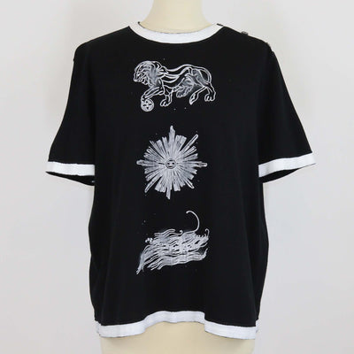 Chanel Black/White Cotton Graphic Print Button Shoulder T Shirt