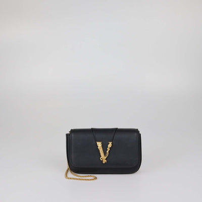 Versace Black Leather Flap Chain Clutch