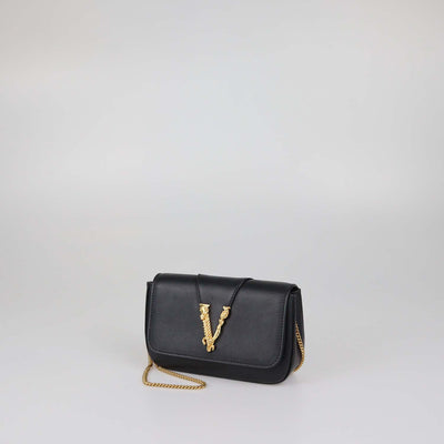 Versace Black Leather Flap Chain Clutch