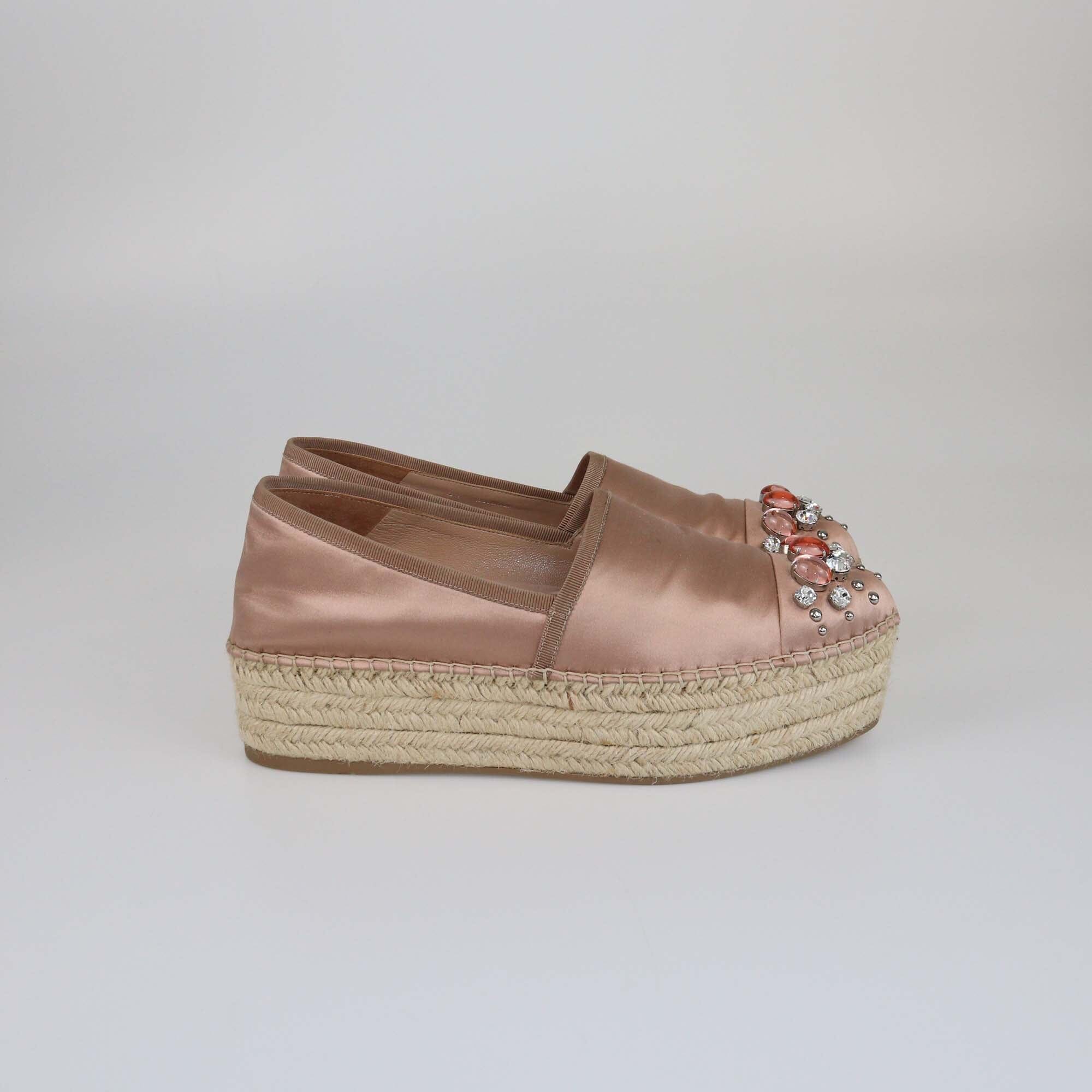 Miu Miu Beige Crystal Embellished Espadrille Platform Pumps Womens Miu Miu 