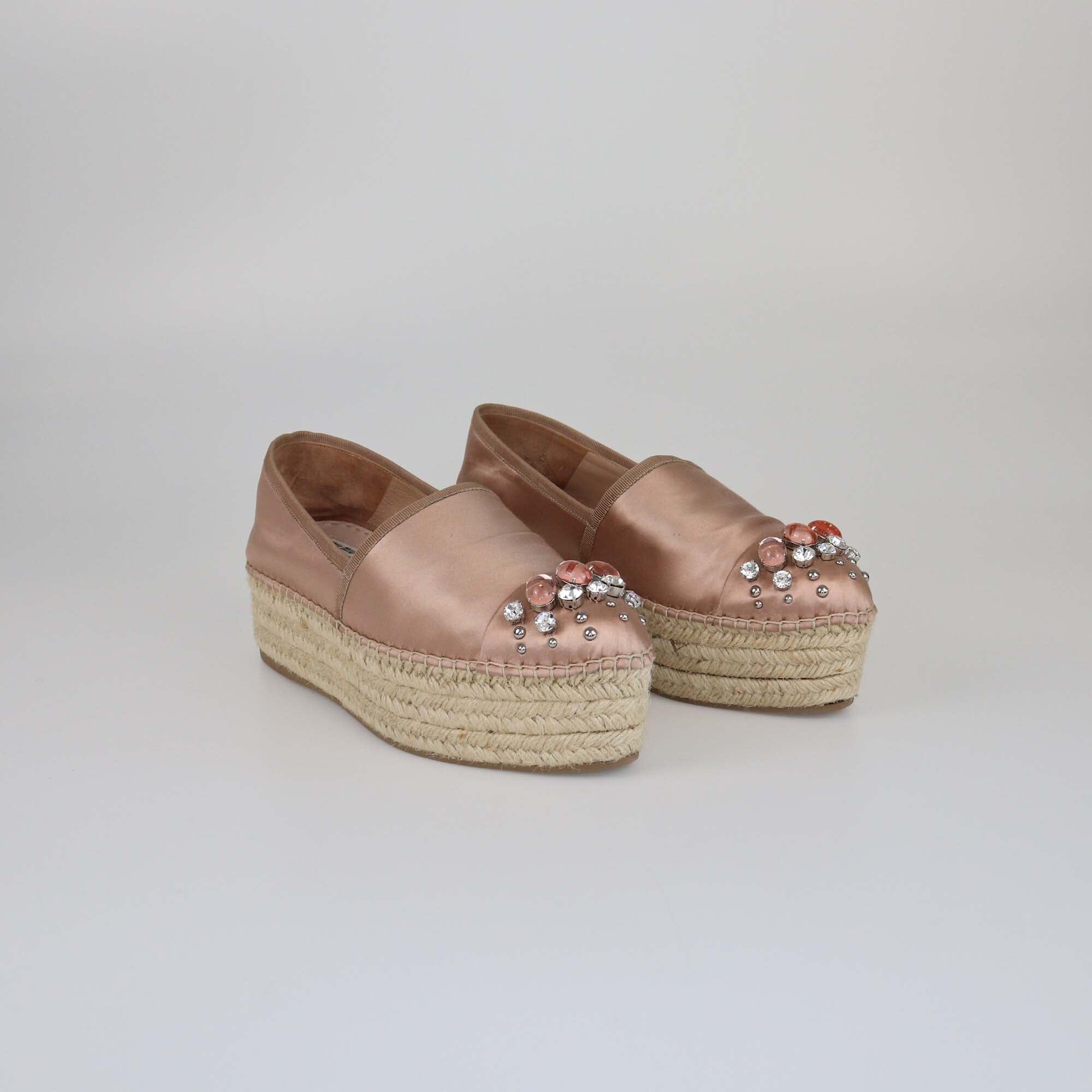 Miu Miu Beige Crystal Embellished Espadrille Platform Pumps Womens Miu Miu 