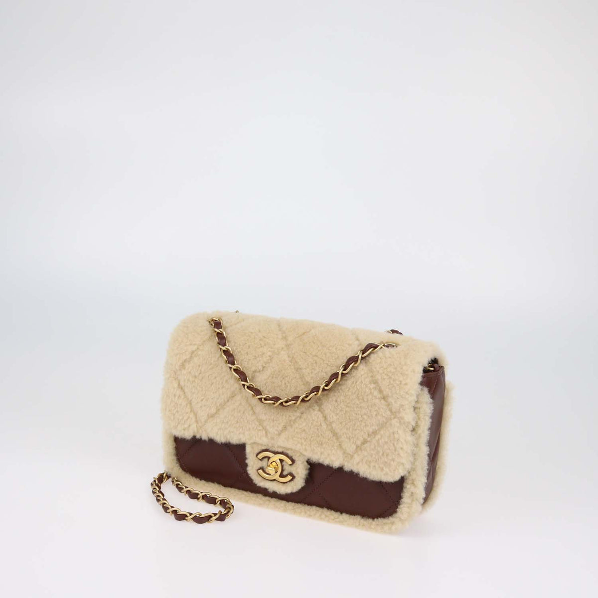 Chanel Beige,Brown Shearling and Quilted Leather Medium Flap Bag
