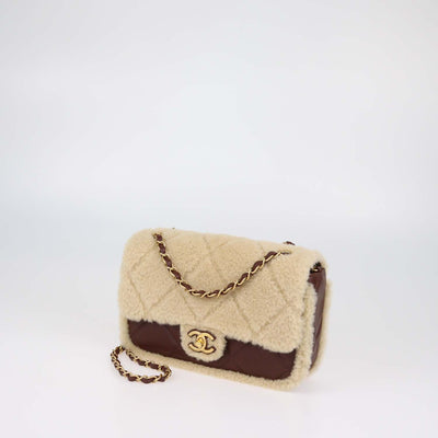 Chanel Beige,Brown Shearling and Quilted Leather Medium Flap Bag