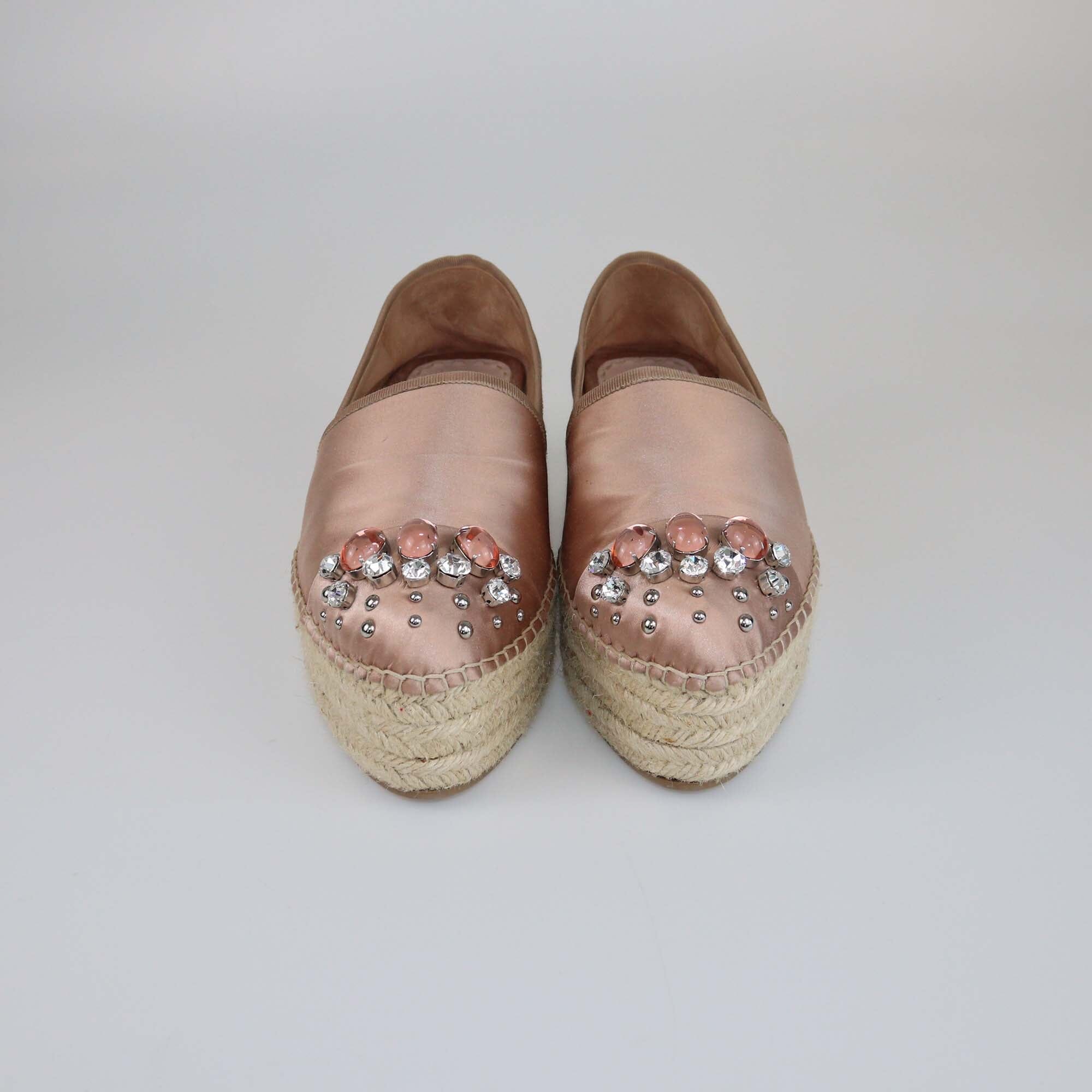 Miu Miu Beige Crystal Embellished Espadrille Platform Pumps Womens Miu Miu 