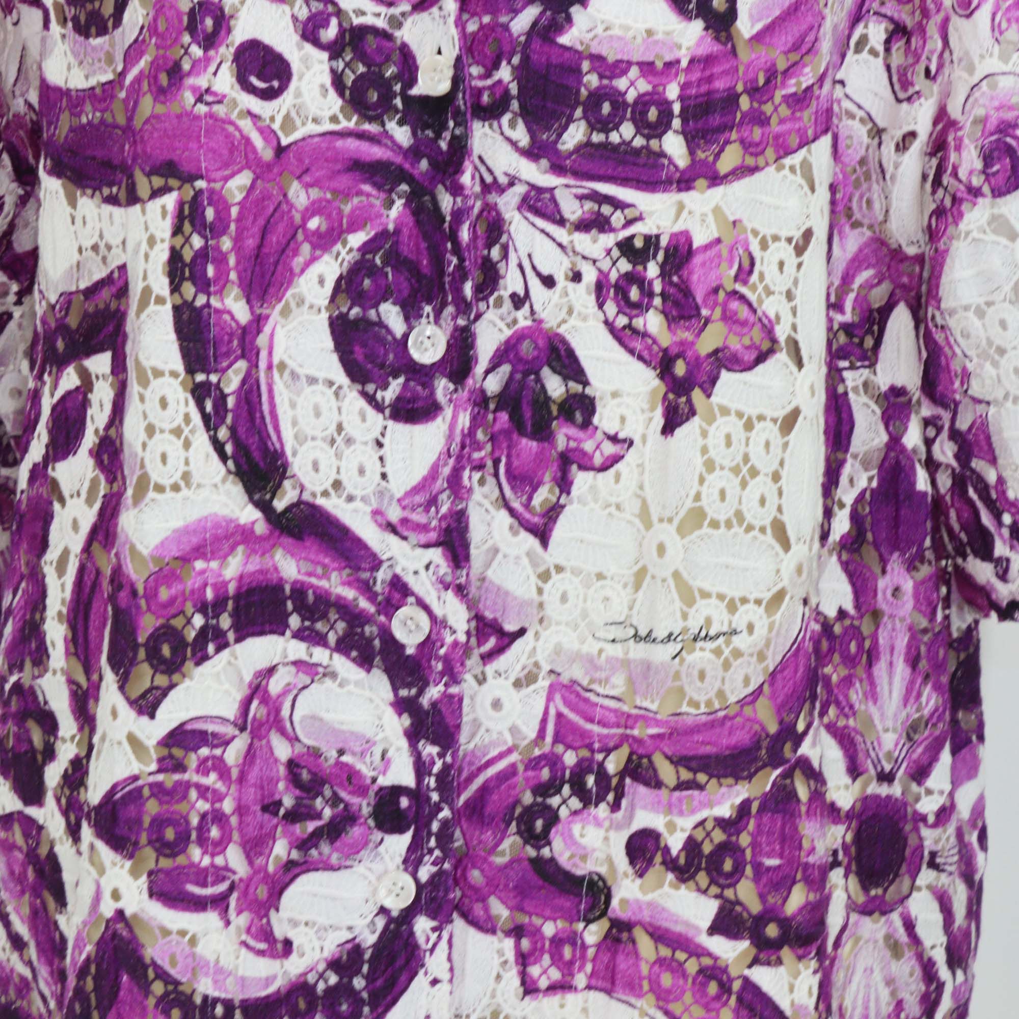 Dolce & Gabbana Purple/White Cotton Majolica Print Crochet Lace Shirt