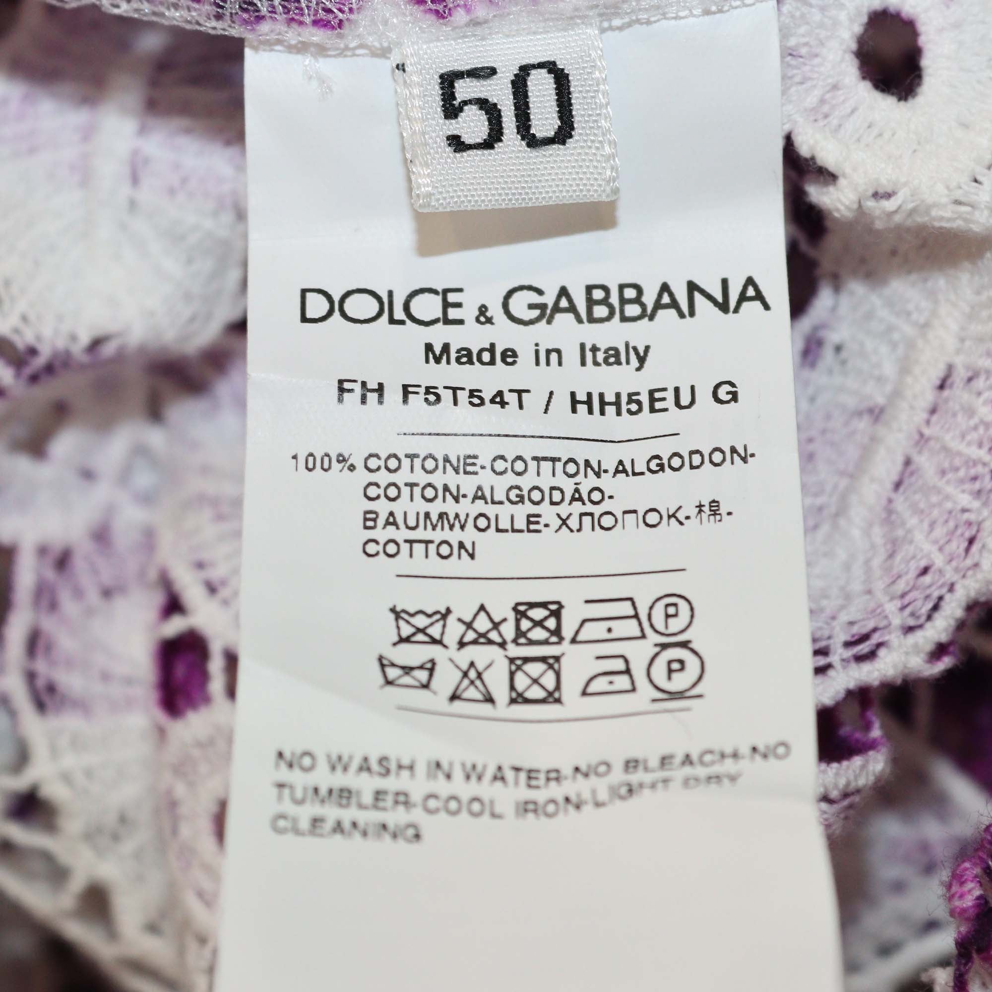 Dolce & Gabbana Purple/White Cotton Majolica Print Crochet Lace Shirt
