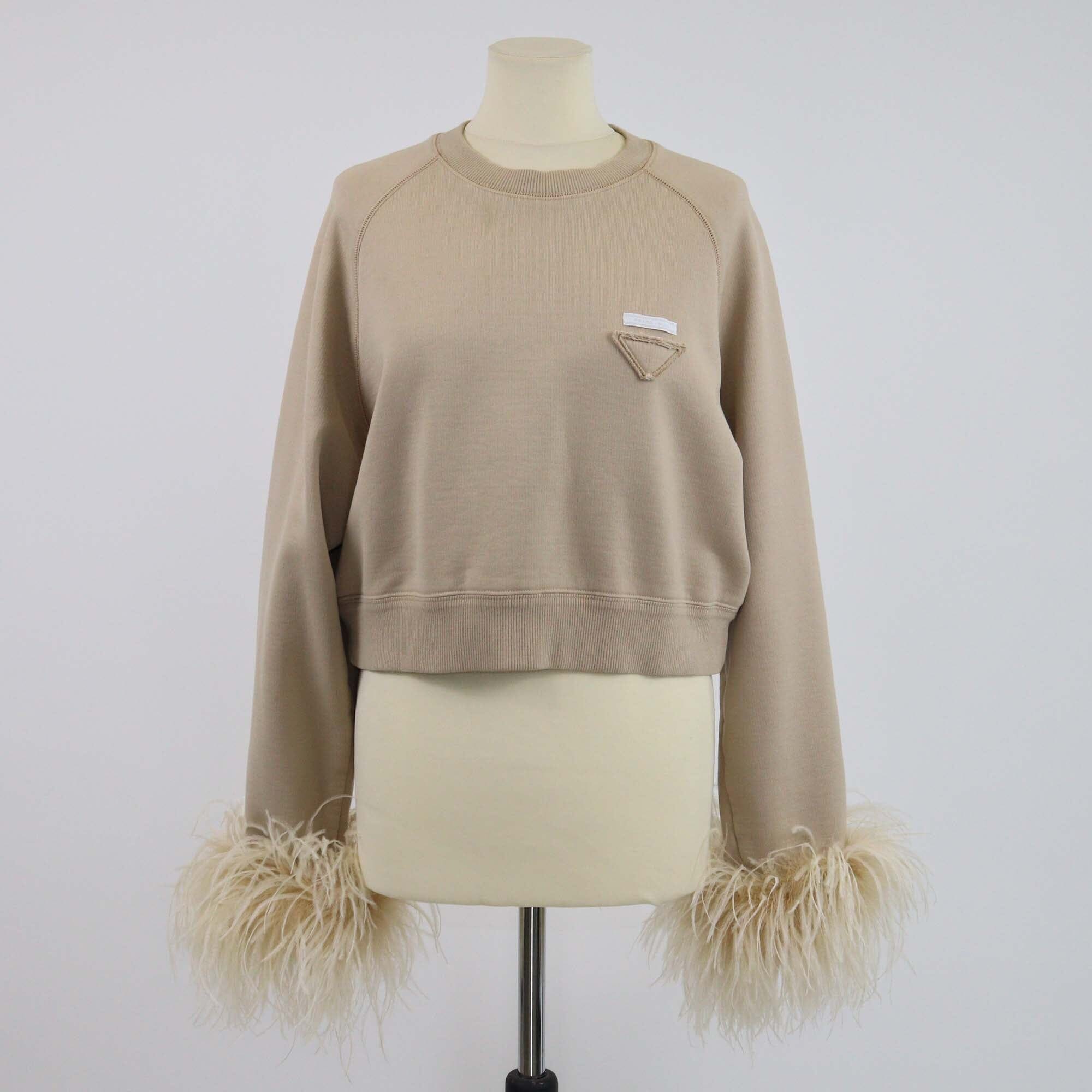 Prada Beige Feather Trimmed Long Sleeve Sweat Shirt Womens Prada 