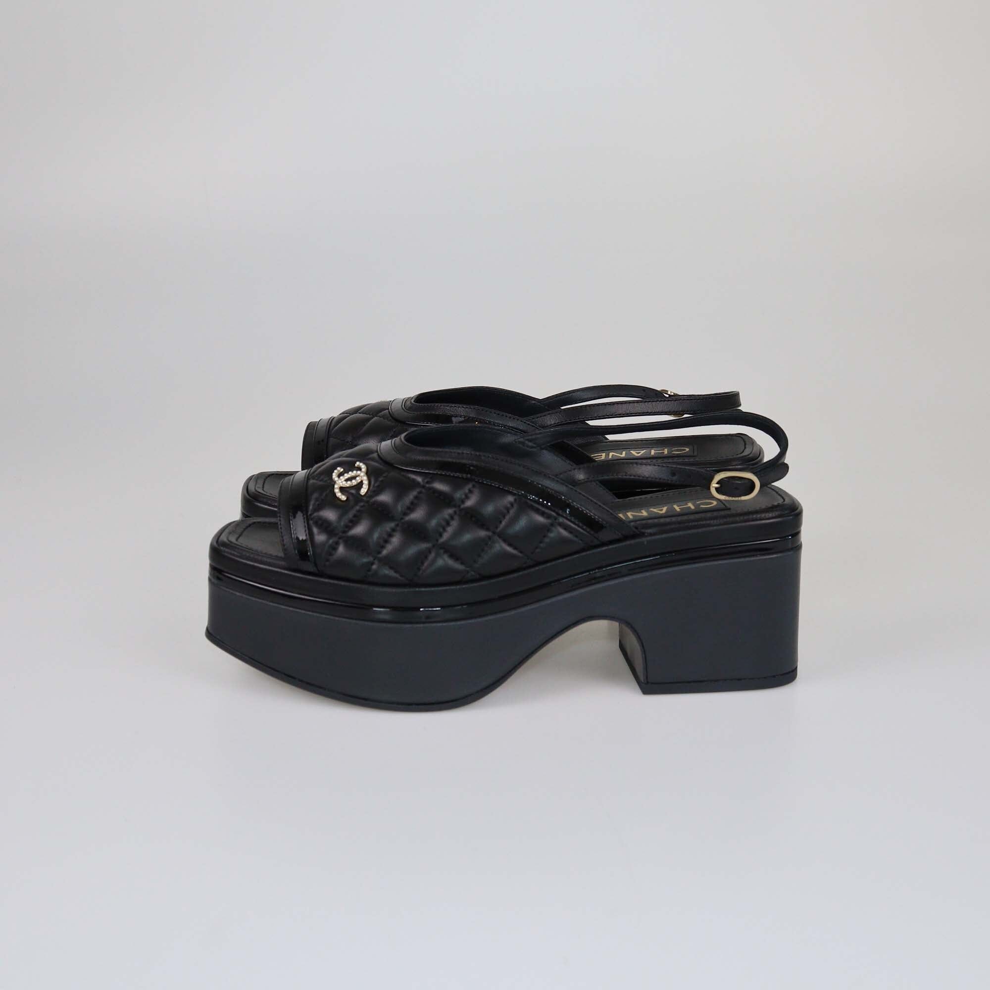 Chanel Black Quilted CC Logo Slingback Wedge Sandals Womens Chanel 