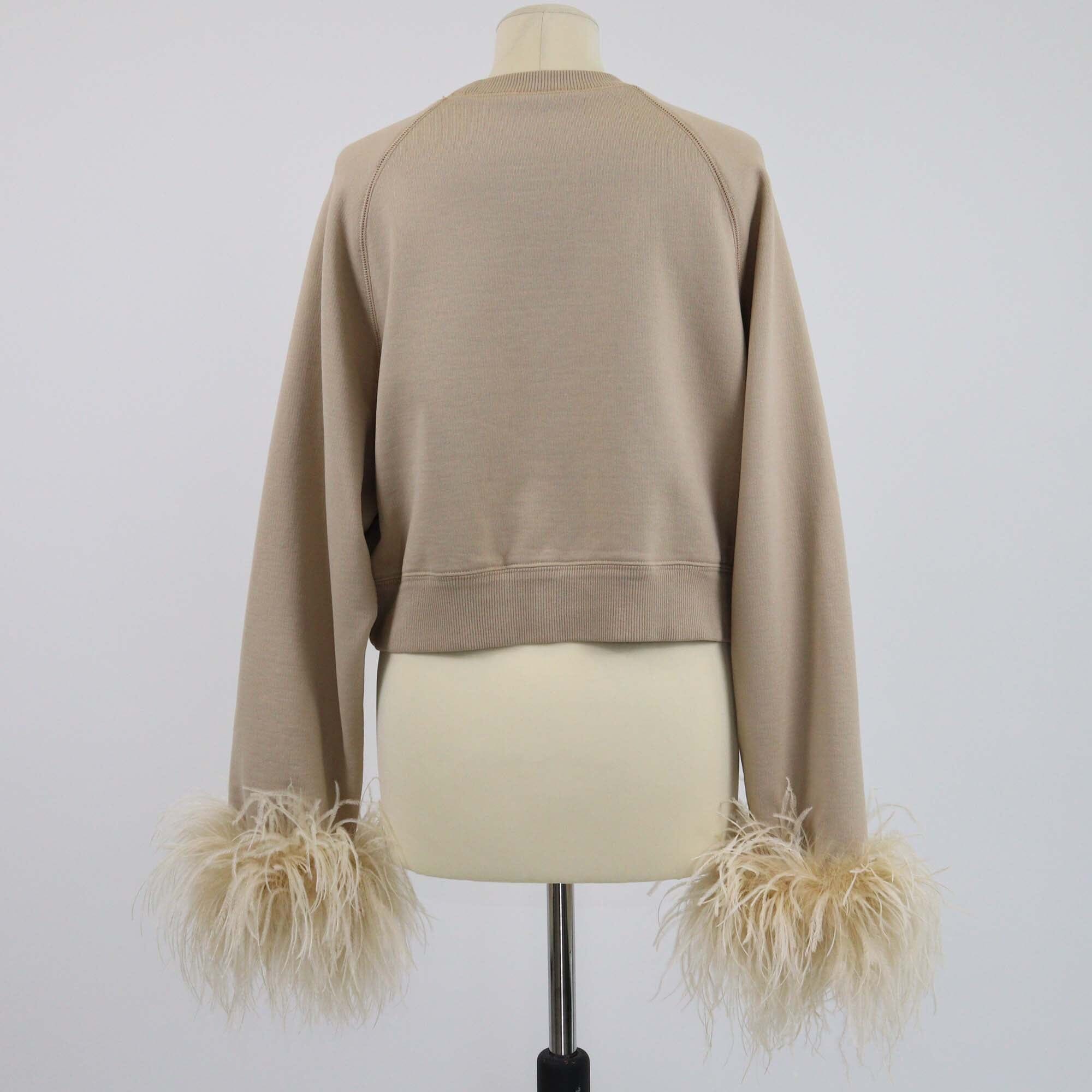 Prada Beige Feather Trimmed Long Sleeve Sweat Shirt Womens Prada 