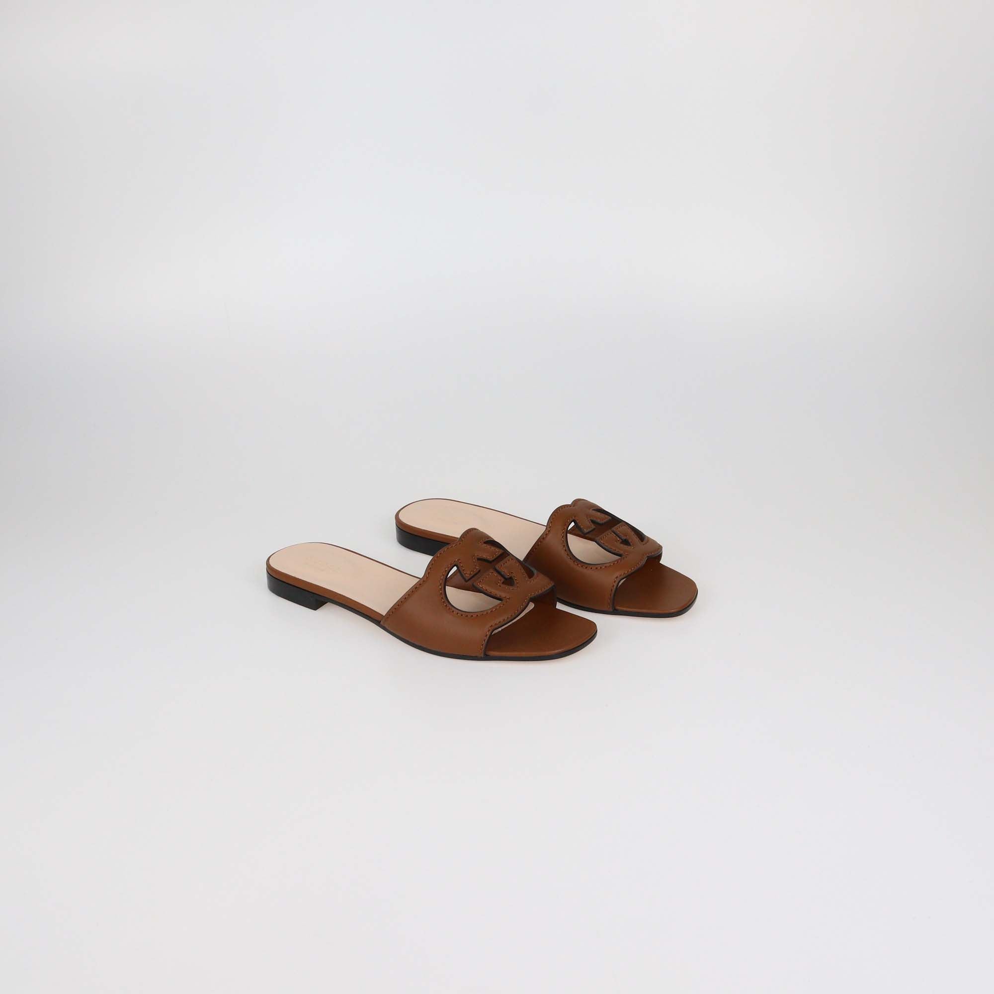 Gucci Brown Leather Interlocking G Cut Out Flat Slides