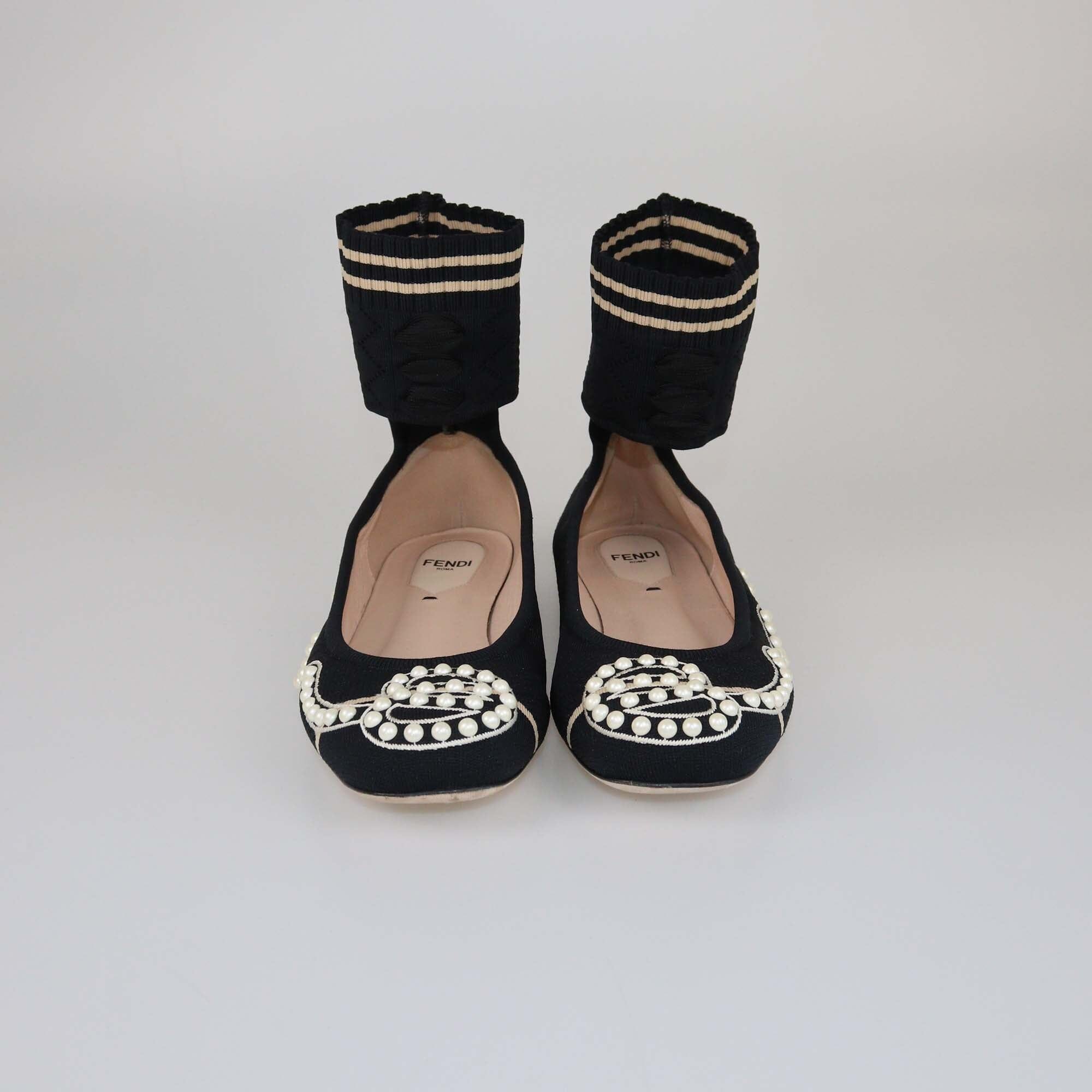 Fendi Black Knit Pearl Embellished Ballet Flats Womens Fendi 